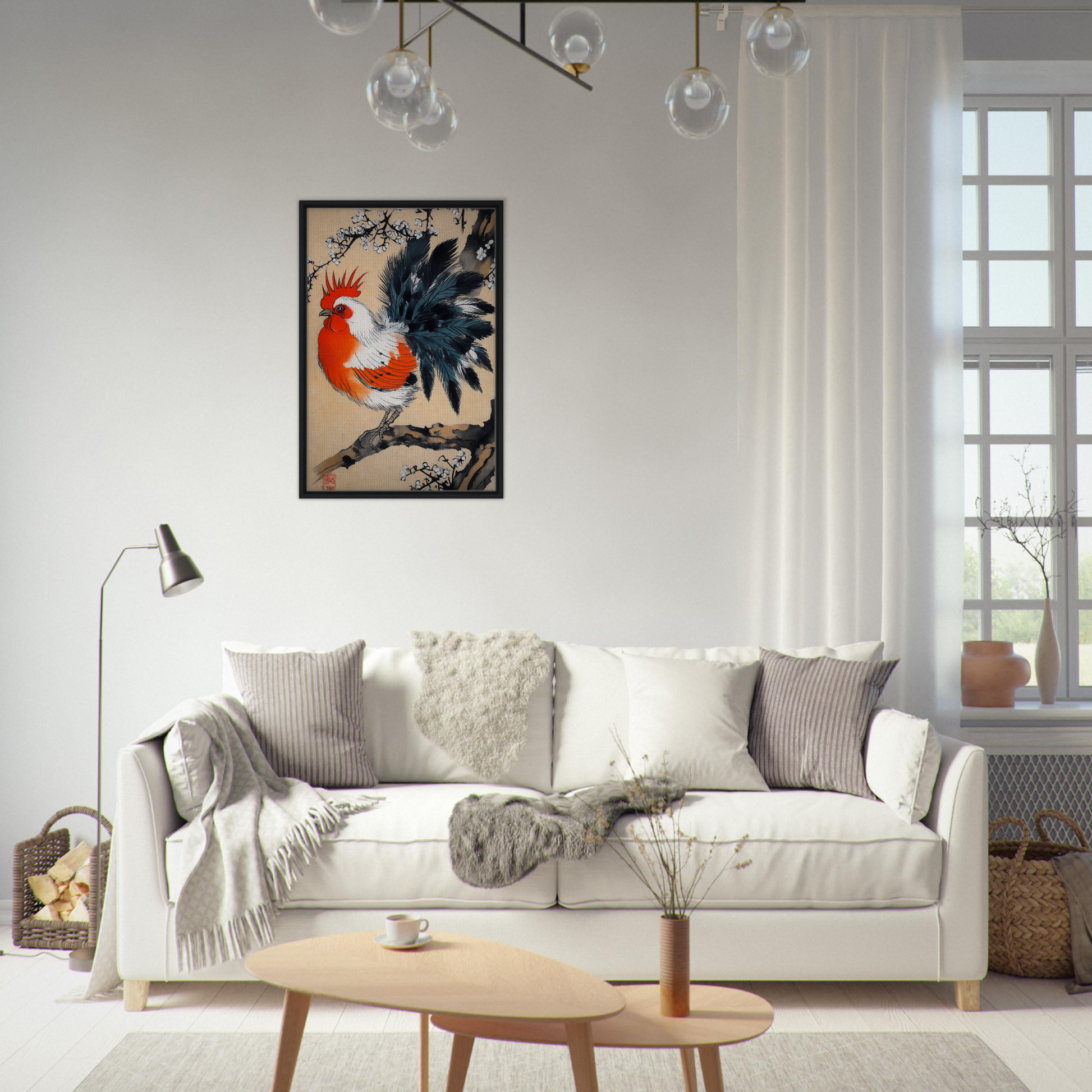 White sofa adorned with pillows and blankets, featuring Rooster’s Dawnsong Reverie