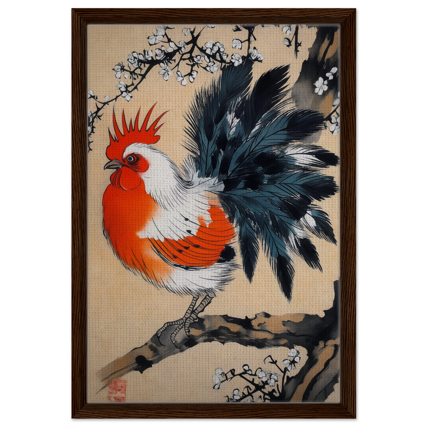 Colorful rooster with red and blue-gray feathers on branch in Rooster’s Dawnsong Reverie