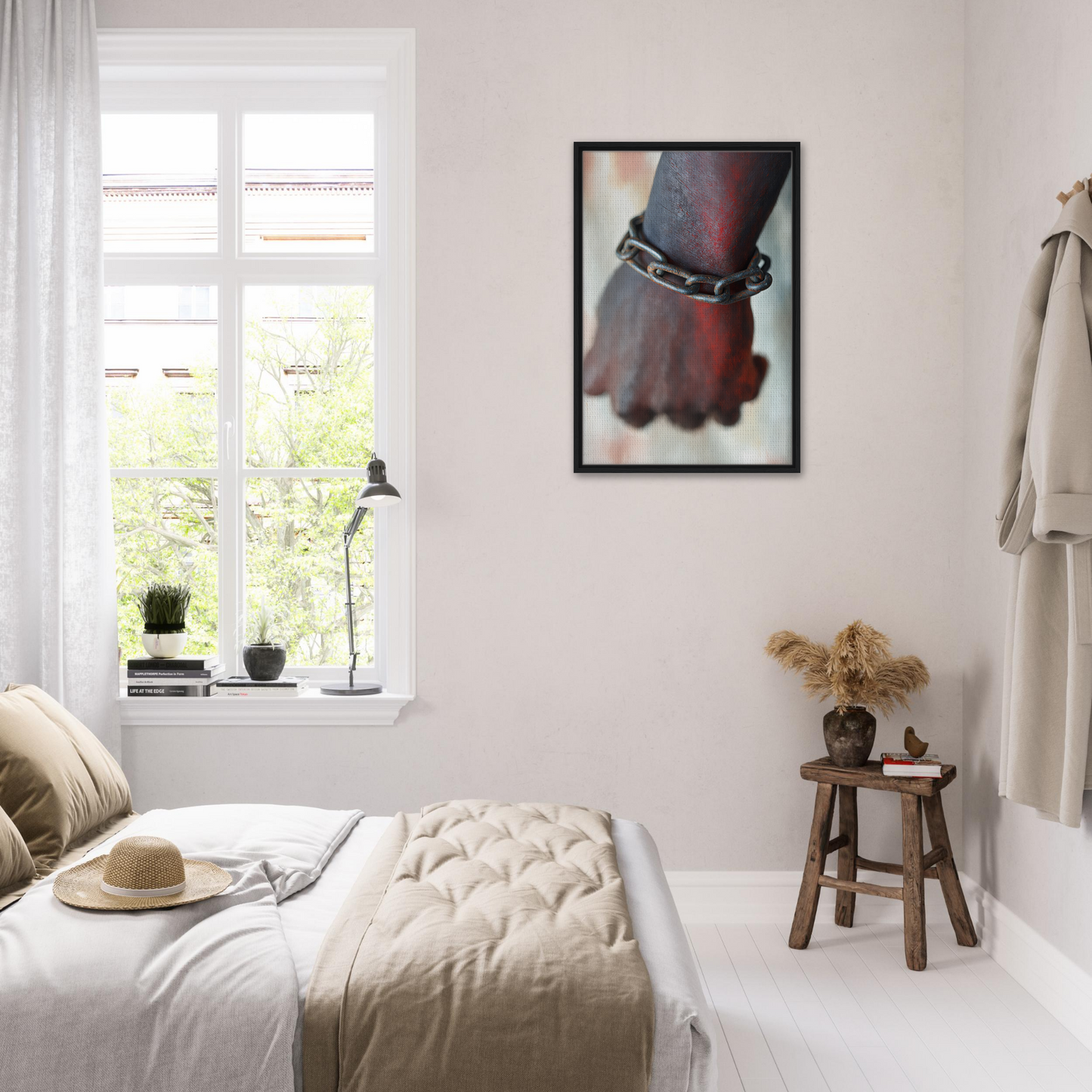 Bedroom featuring minimalist decor in white, inspired by Rustbound Reverie with FSC-certified wood