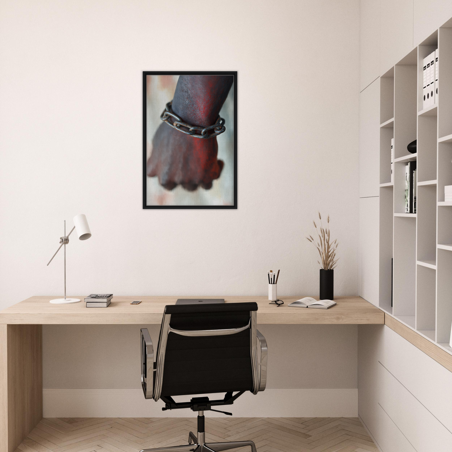 Minimalist home office featuring Rustbound Reverie desk in FSC-certified wood and stylish decor