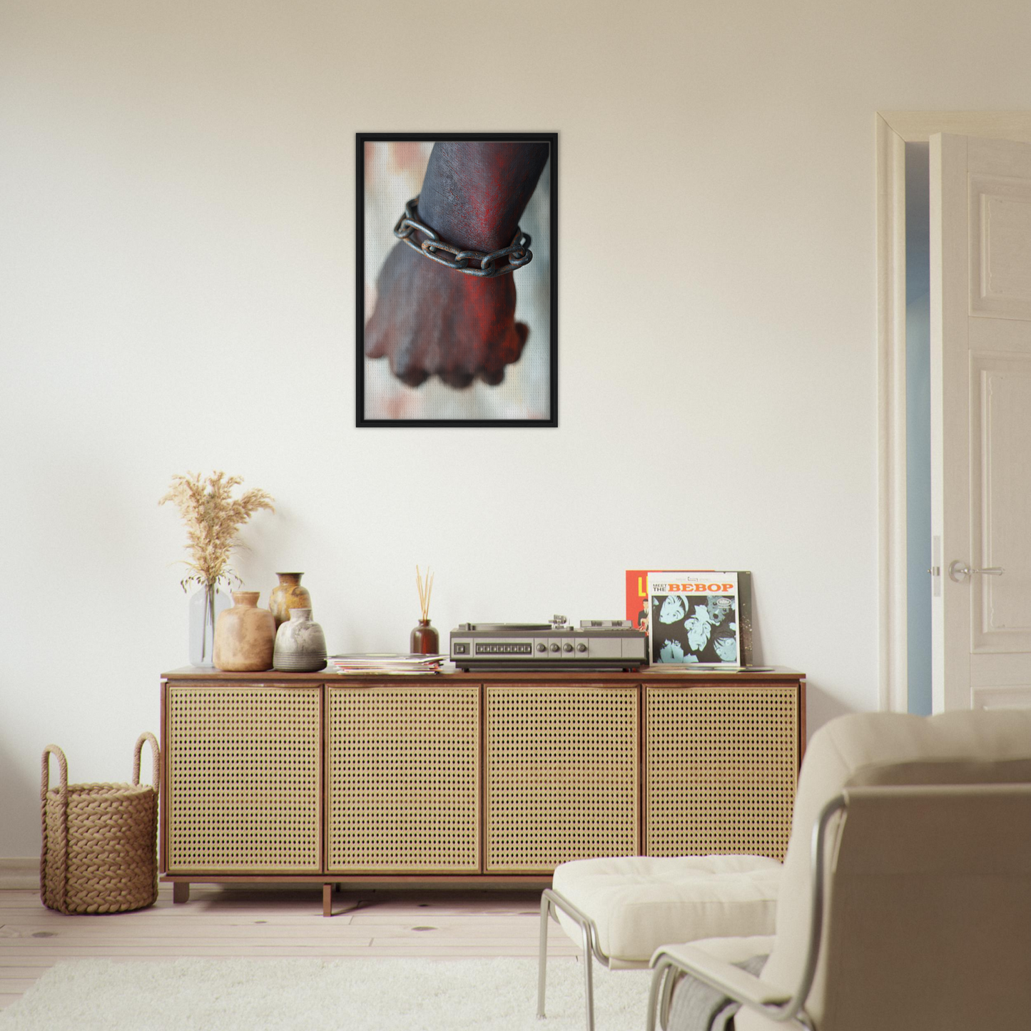 Wooden sideboard with cane-webbed doors, showcasing decorative items, Rustbound Reverie