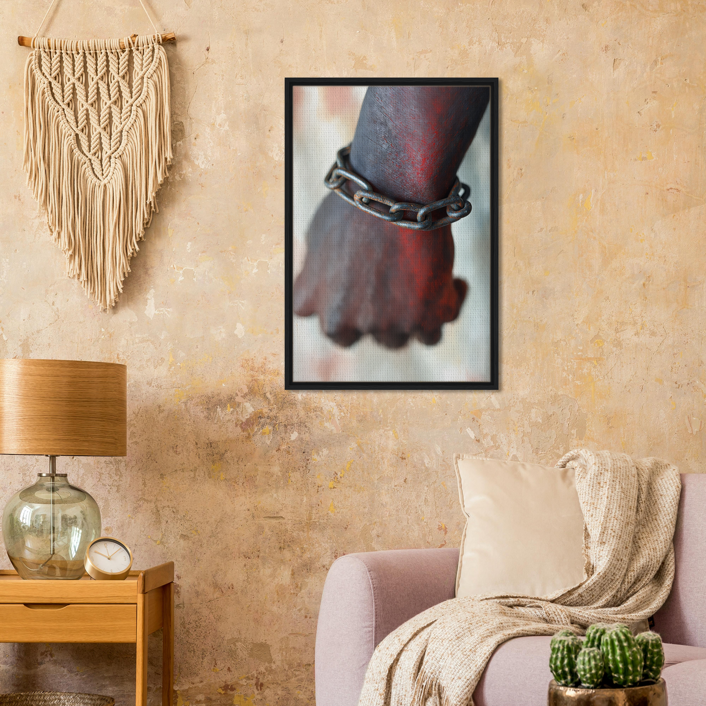 Framed canvas print of a hand adorned with a chain bracelet in Rustbound Reverie