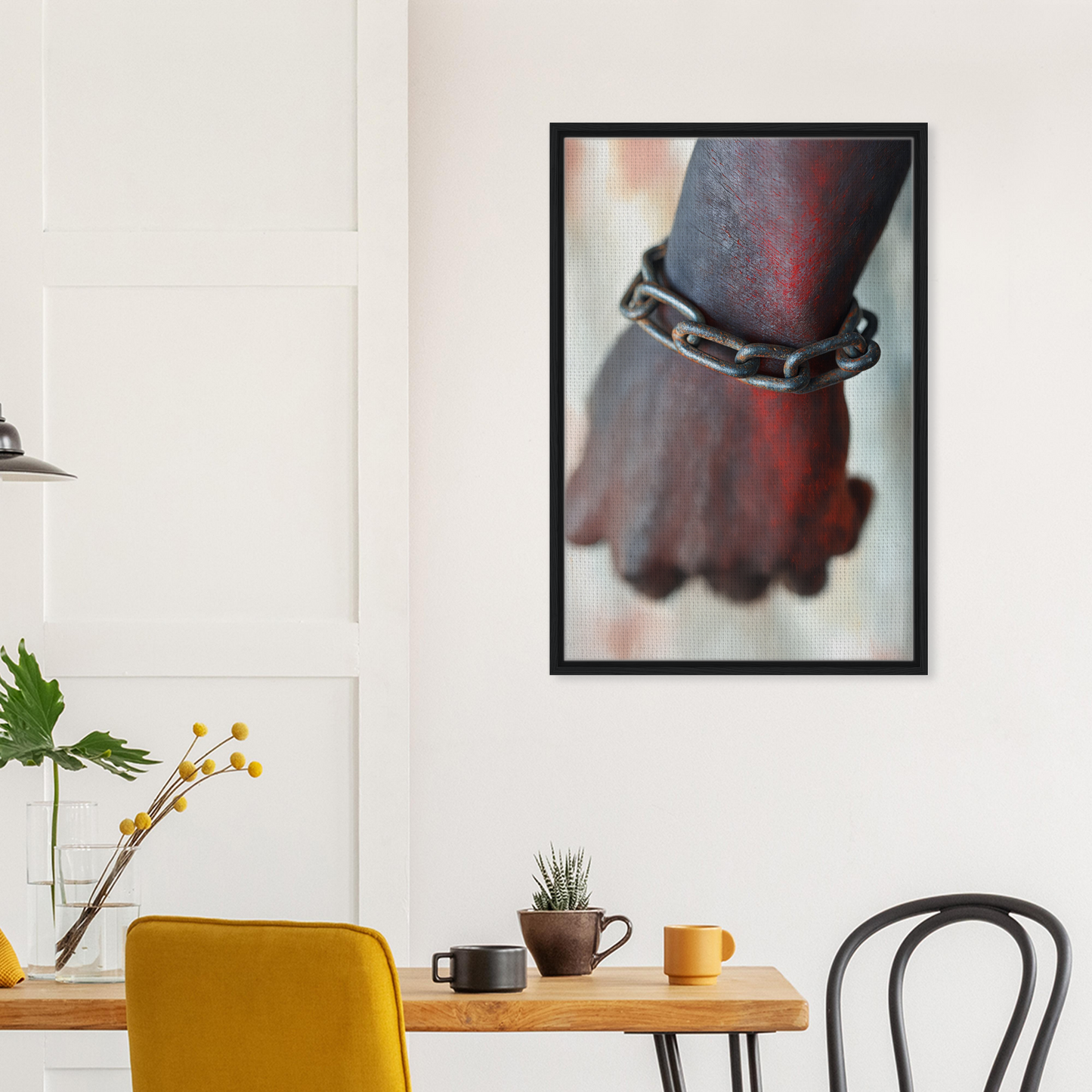Framed photograph of a hand with a chunky chain bracelet in Rustbound Reverie room decor