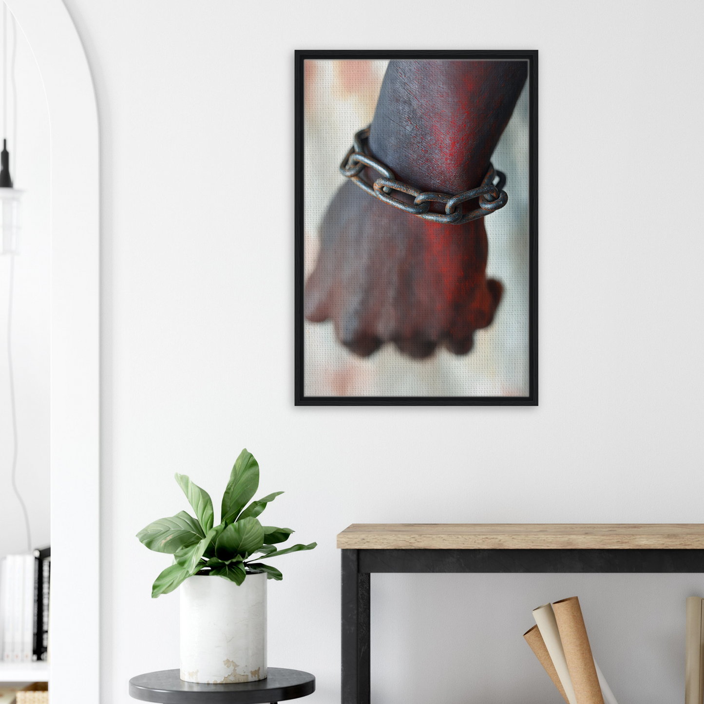 Framed photograph of a wrist with a chain bracelet, enhancing Rustbound Reverie room decor
