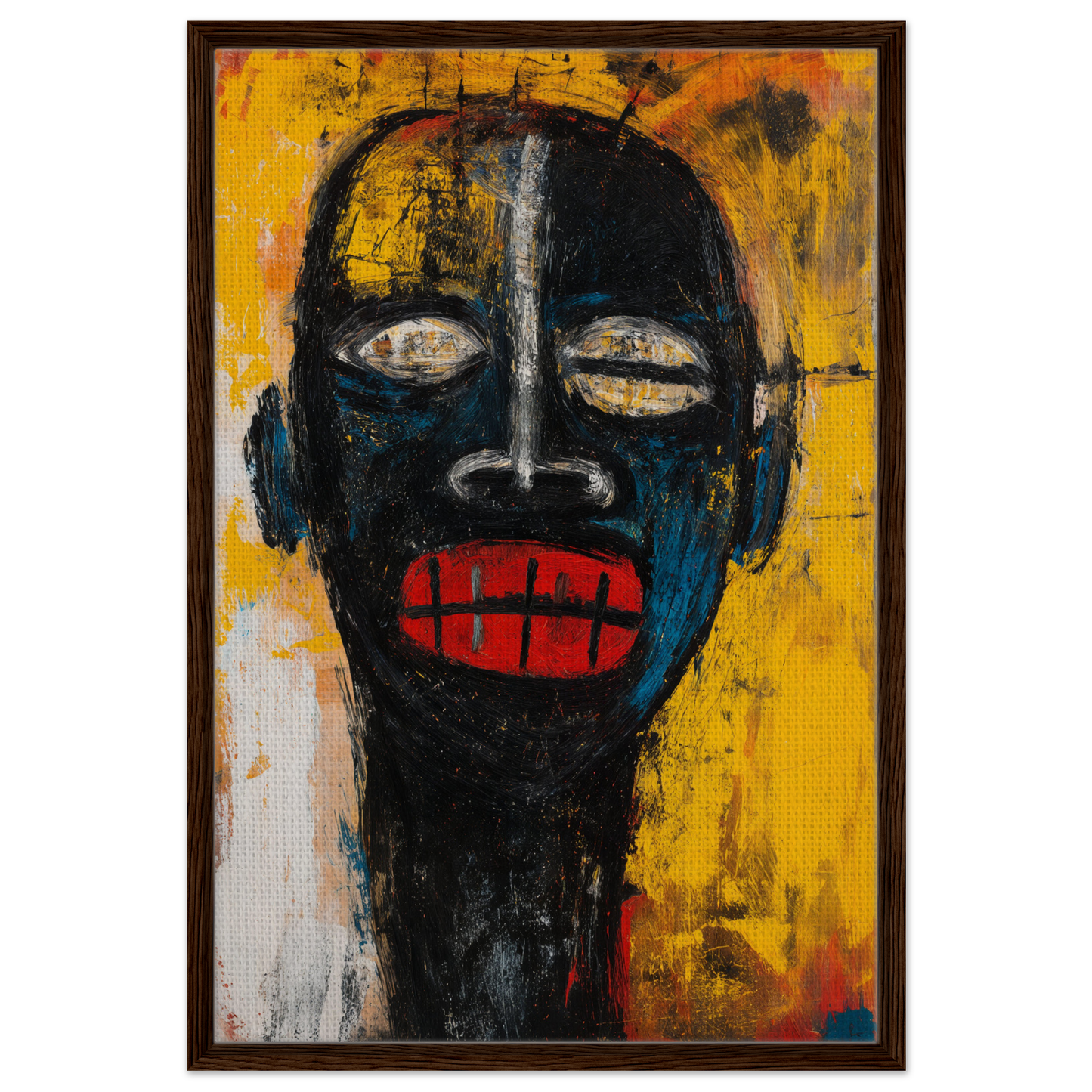 Stylized portrait of black skin, white eyes, and red lips in Screaming Colorscape Descent