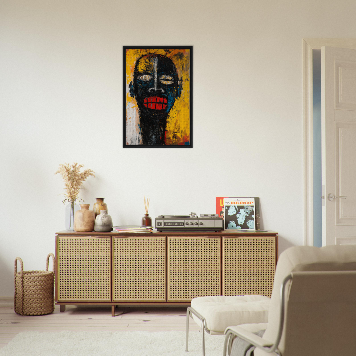 Bold abstract portrait in Screaming Colorscape Descent framed canvas print