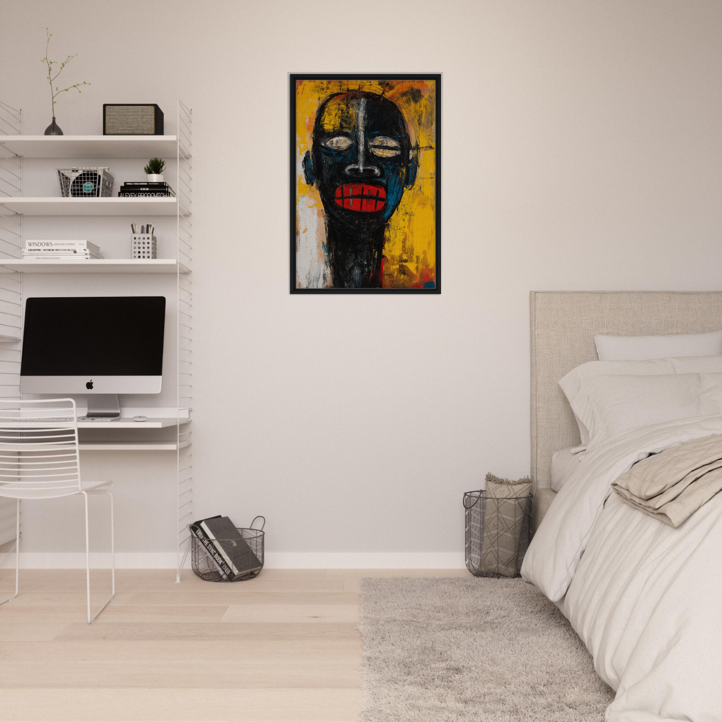 Abstract portrait with black face and red lips on yellow background for Screaming Colorscape Descent