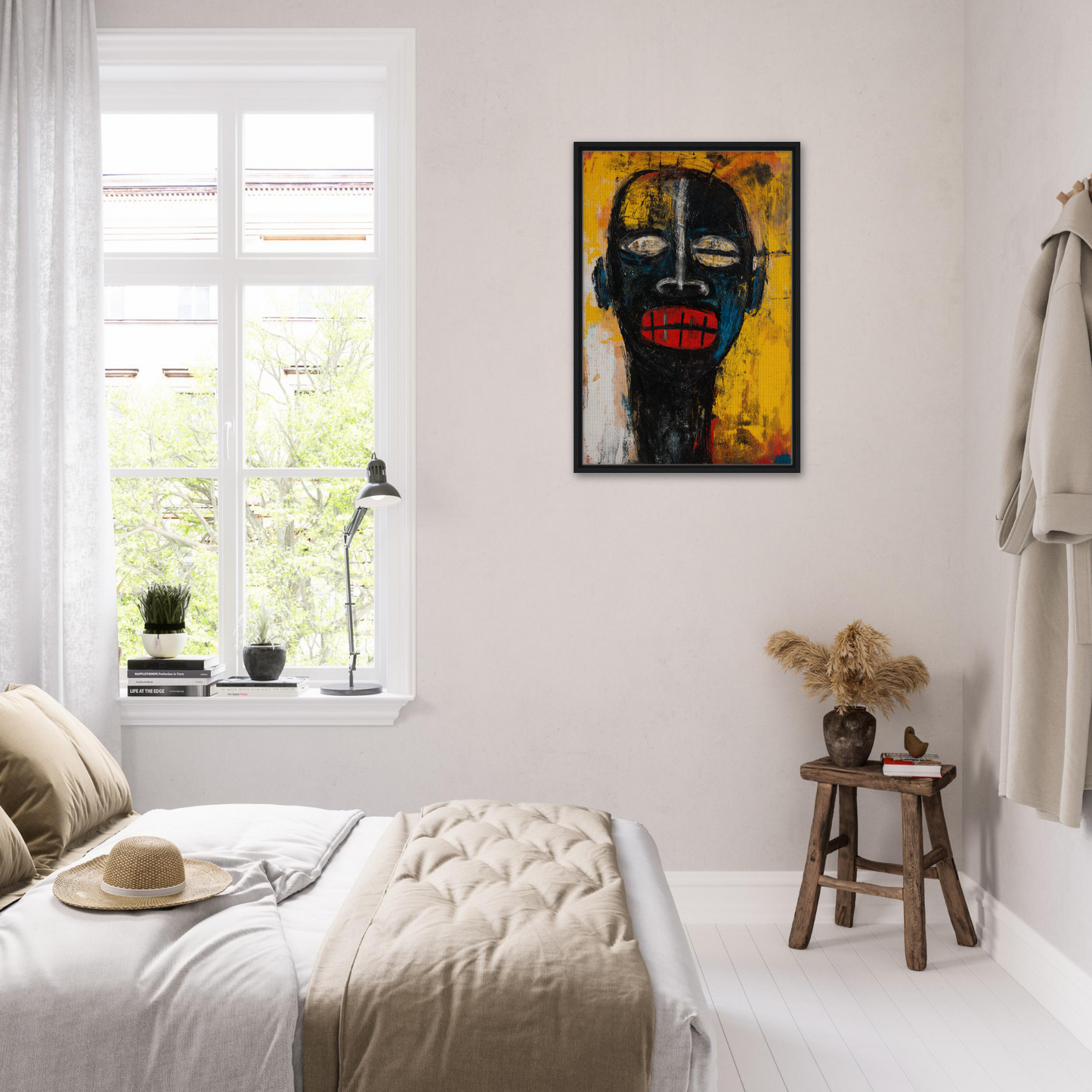Striking abstract portrait with black face and red lips in Screaming Colorscape Descent