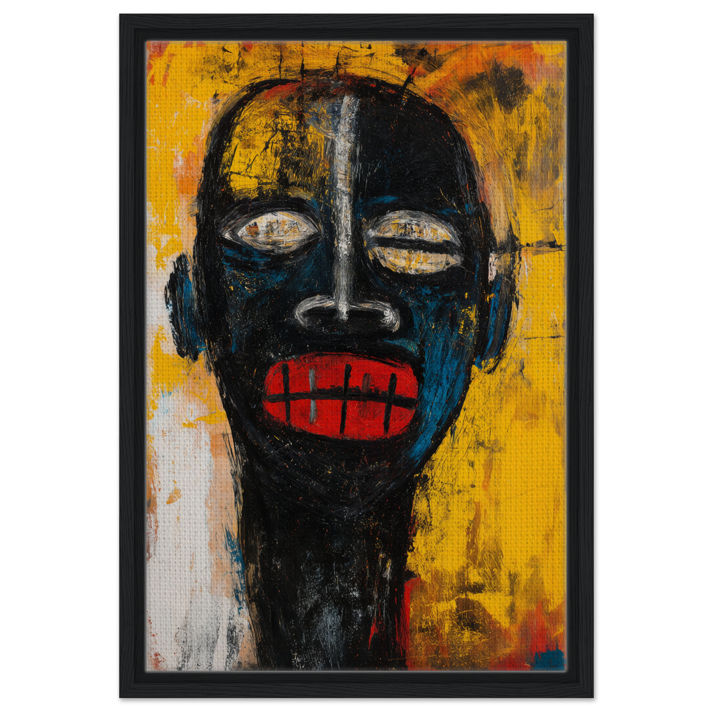 Stylized portrait of a dark face with red lips in Screaming Colorscape Descent framed canvas print