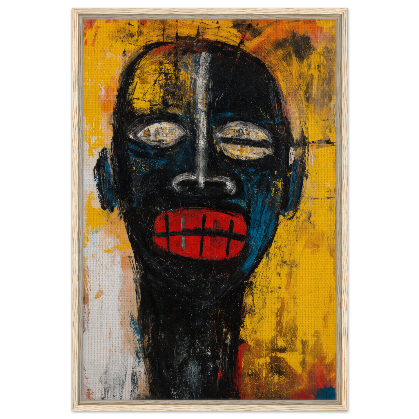 Stylized portrait with dark face and red lips in Screaming Colorscape Descent framed canvas print
