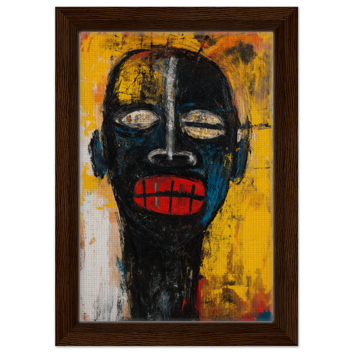 Stylized black face with red lips on yellow, part of Screaming Colorscape Descent collection