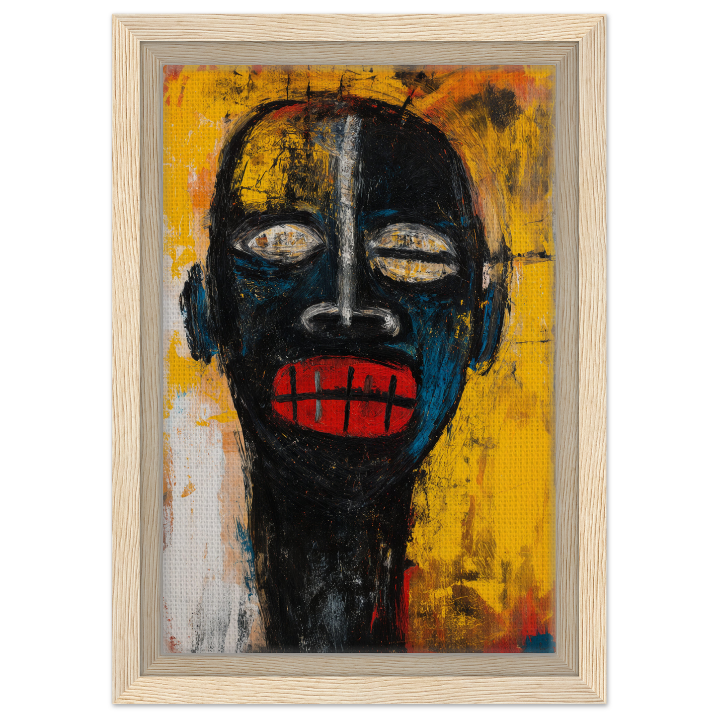 Stylized portrait of a face with black skin, white eyes, and red lips for Screaming Colorscape Descent framed canvas print
