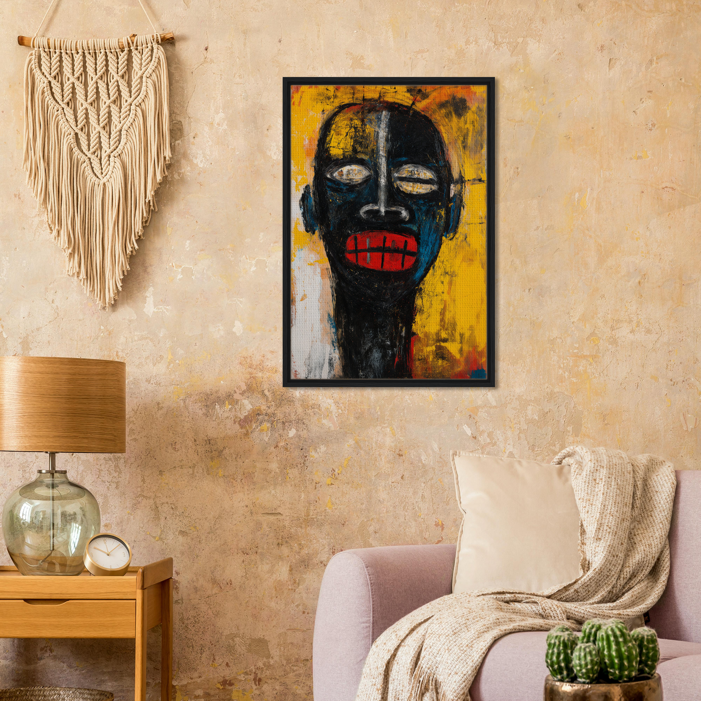 Striking portrait painting with black face and red lips in Screaming Colorscape Descent