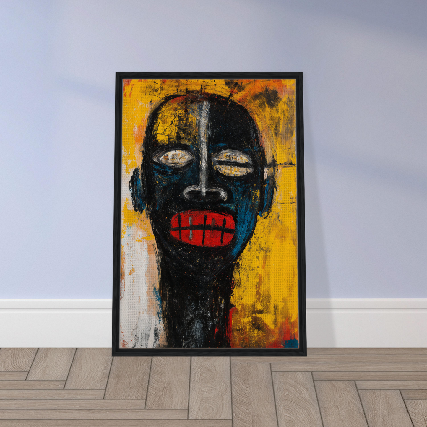 Striking abstract portrait in Screaming Colorscape Descent framed canvas print