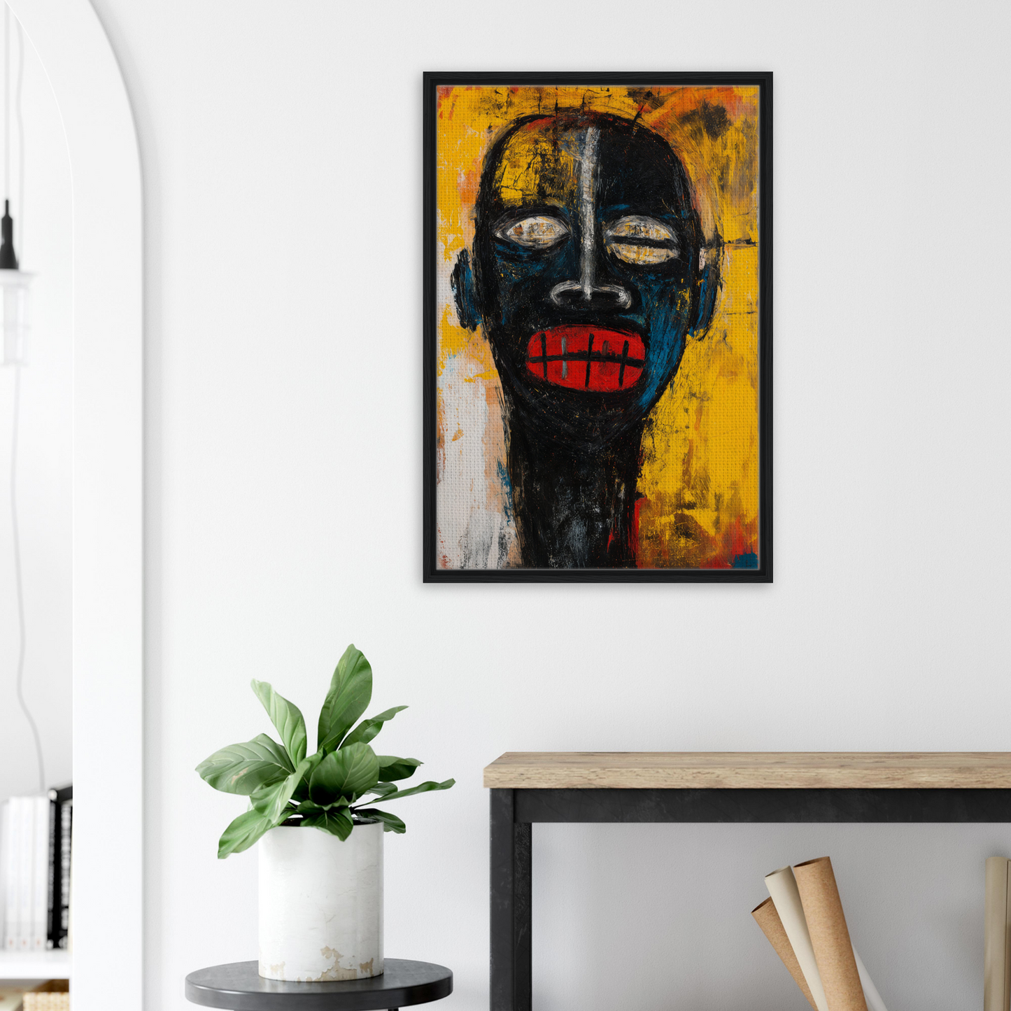 Striking abstract portrait of black face with red mouth, available in Screaming Colorscape Descent framed canvas print
