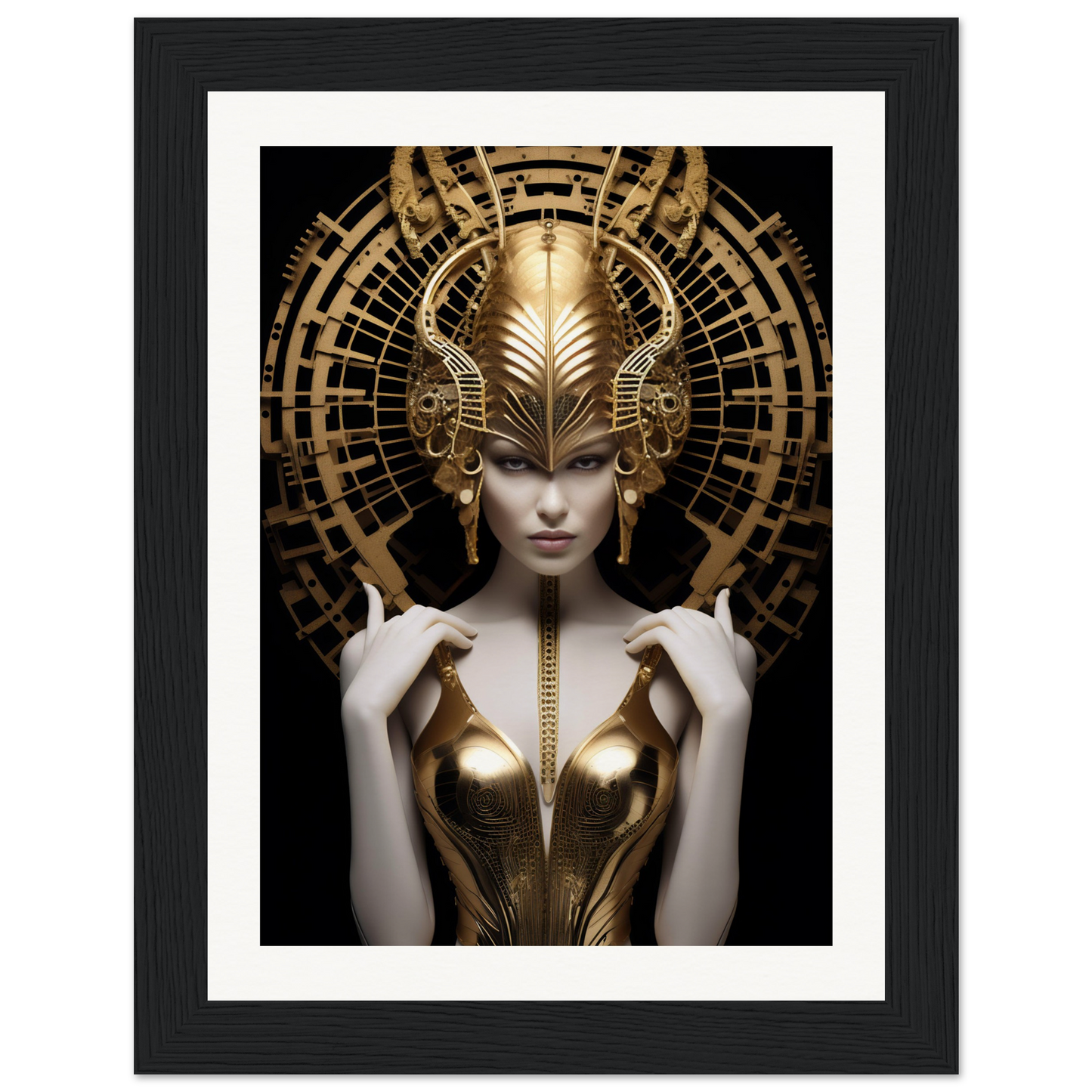 Ornate golden headdress and armor adorning a pale figure in a fantasy or sci-fi style portrait.