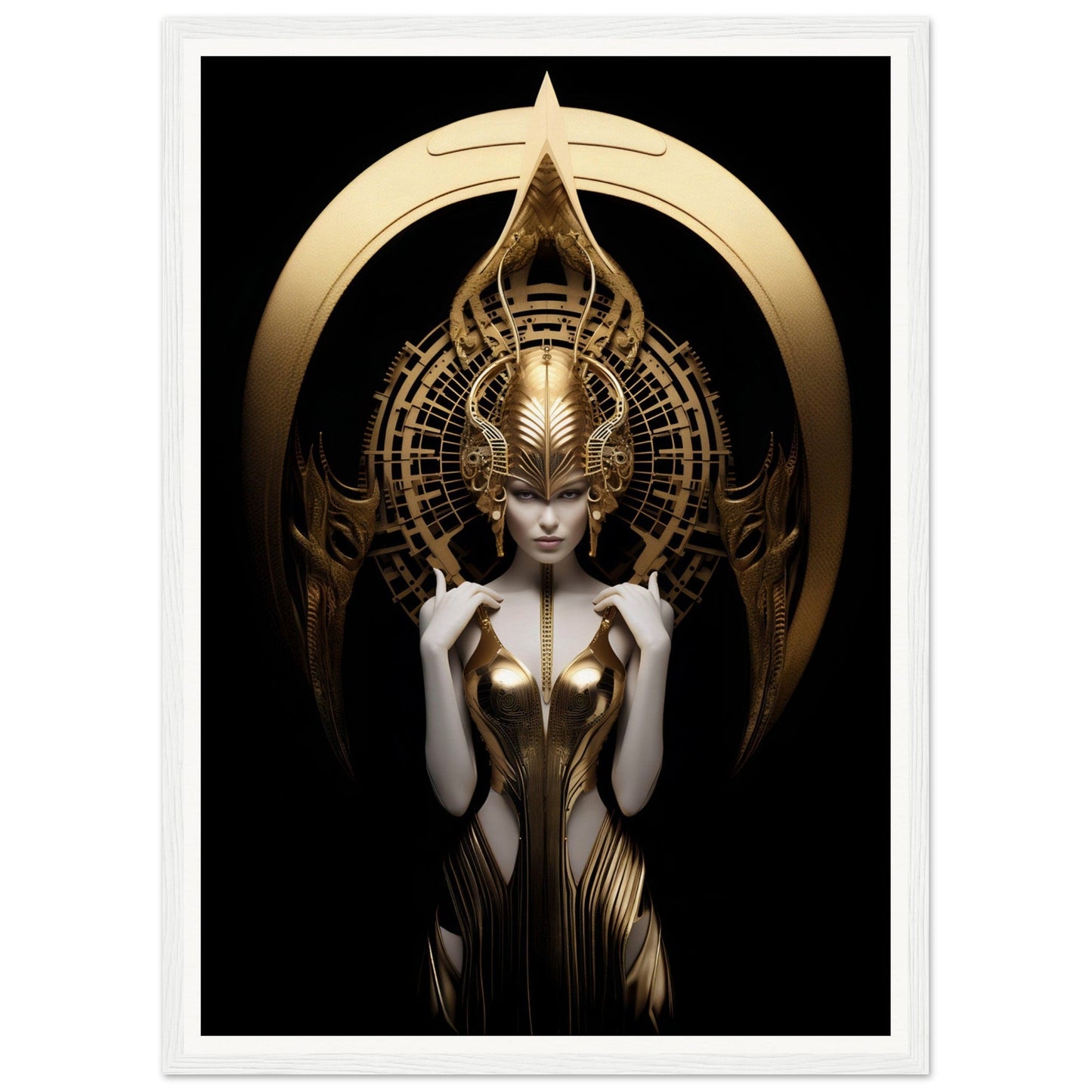 Ornate golden figure with an elaborate headdress and intricate metallic bodysuit against a dark background.