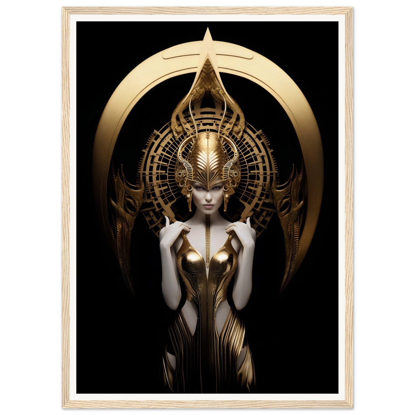 A golden, ornate figure with an elaborate headdress and intricate metallic bodysuit against a dark background.