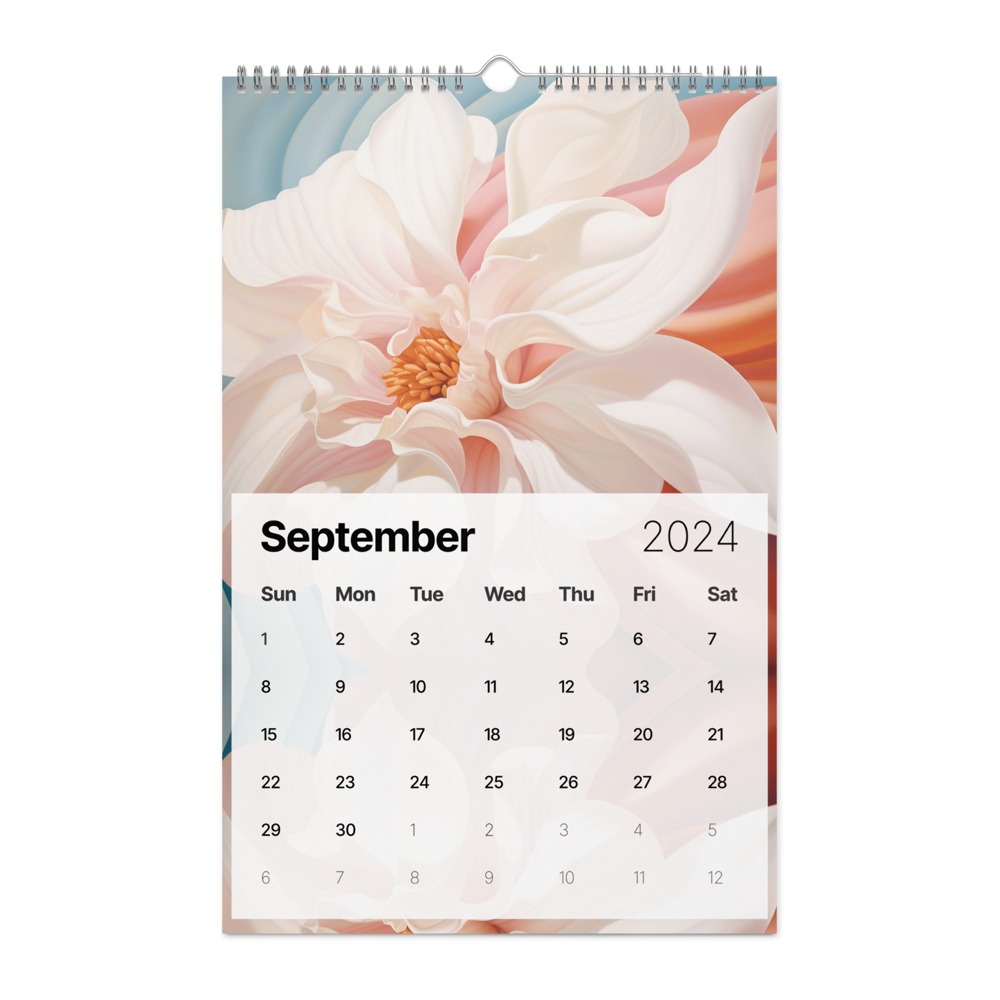 Calendar page for September 2024 featuring a close-up photograph of a pale pink flower.