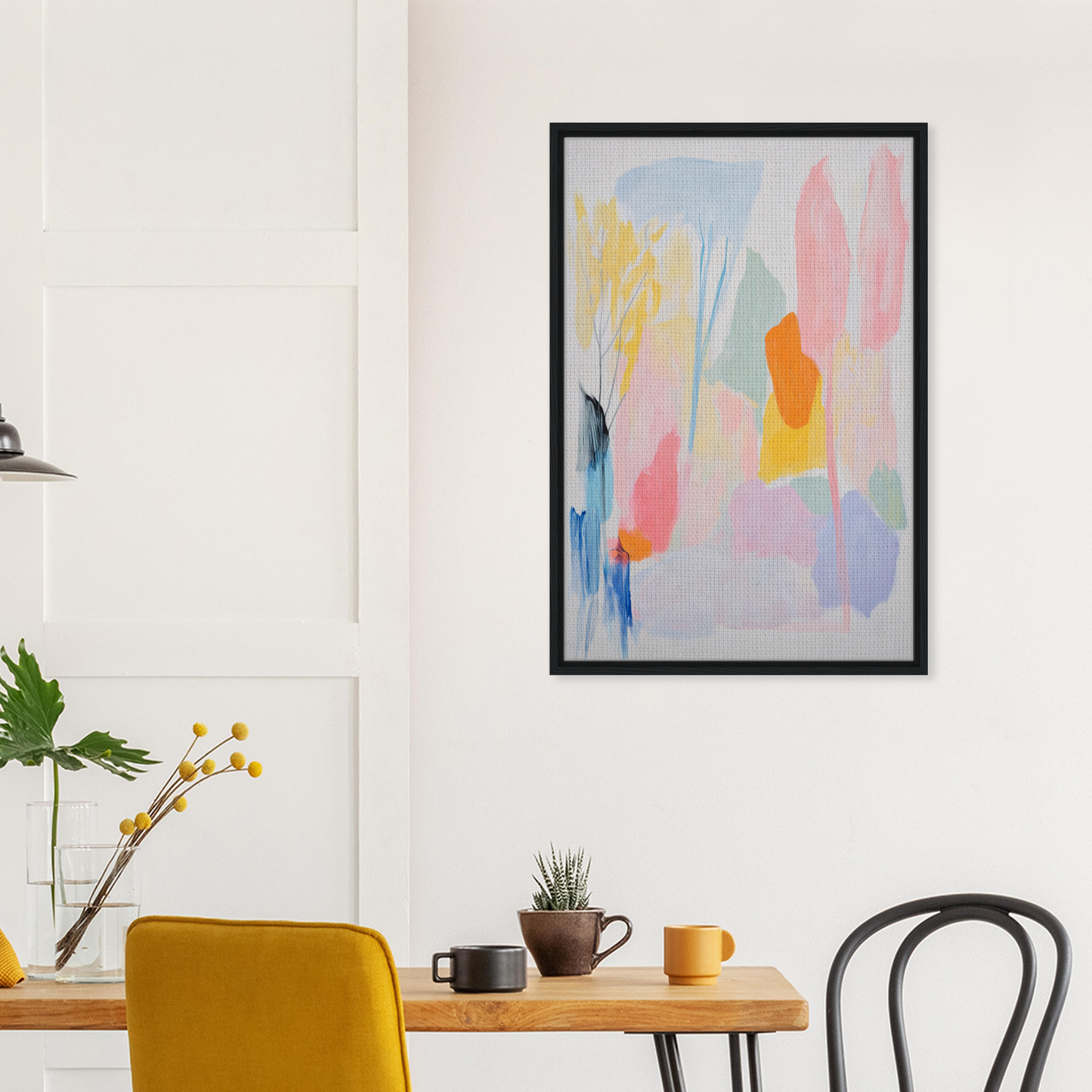Abstract painting with pastel shapes in a black frame for Tranquility Framed Canvas room decor