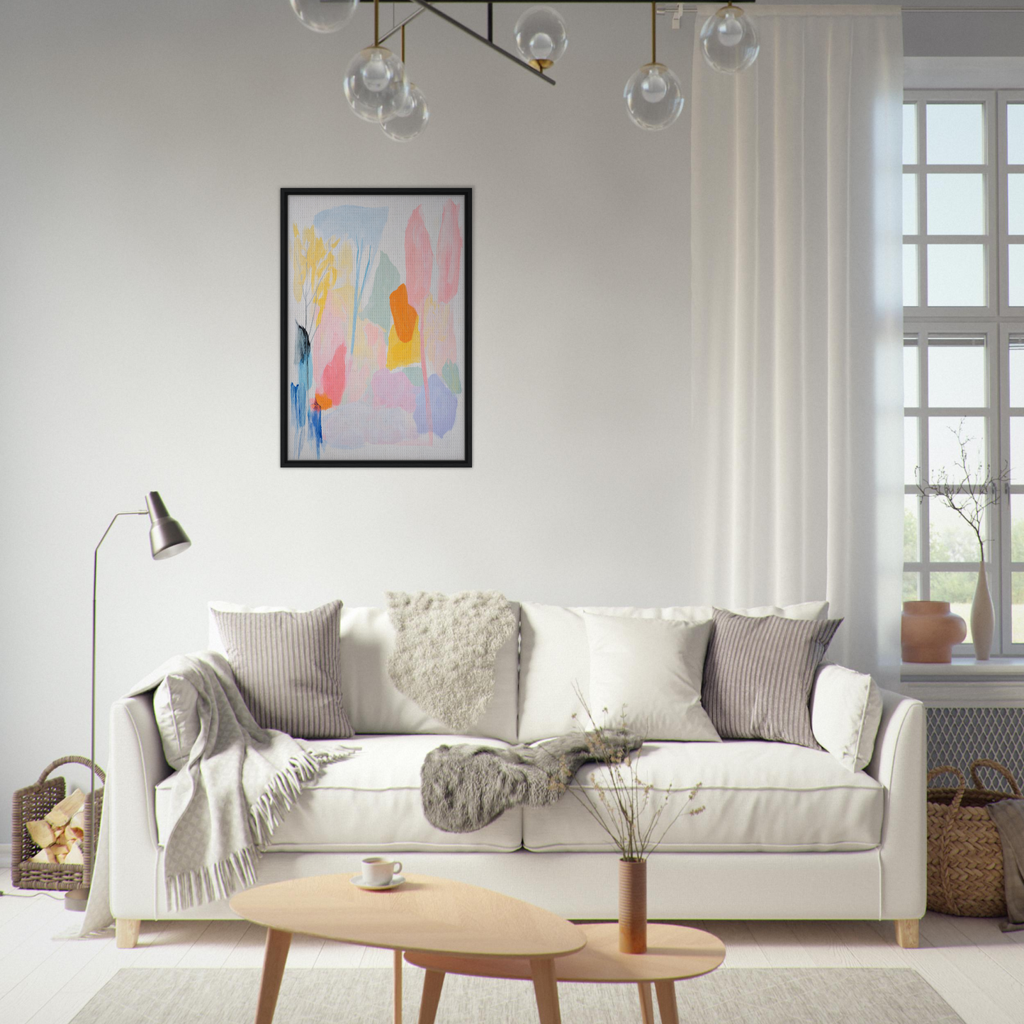 White sofa with throw pillows and blankets from Serenade of Tranquility, featuring Fashion Oracle