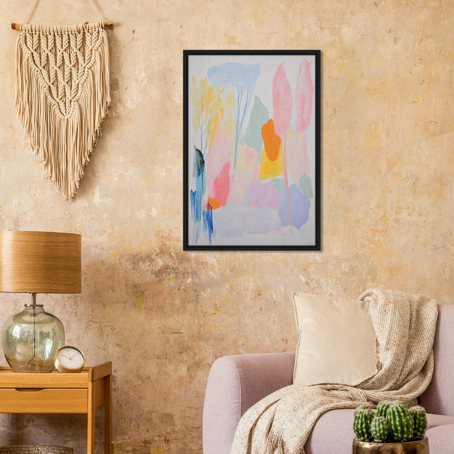 Abstract painting in soft pastels within a black frame, Serenity of Tranquility framed canvas