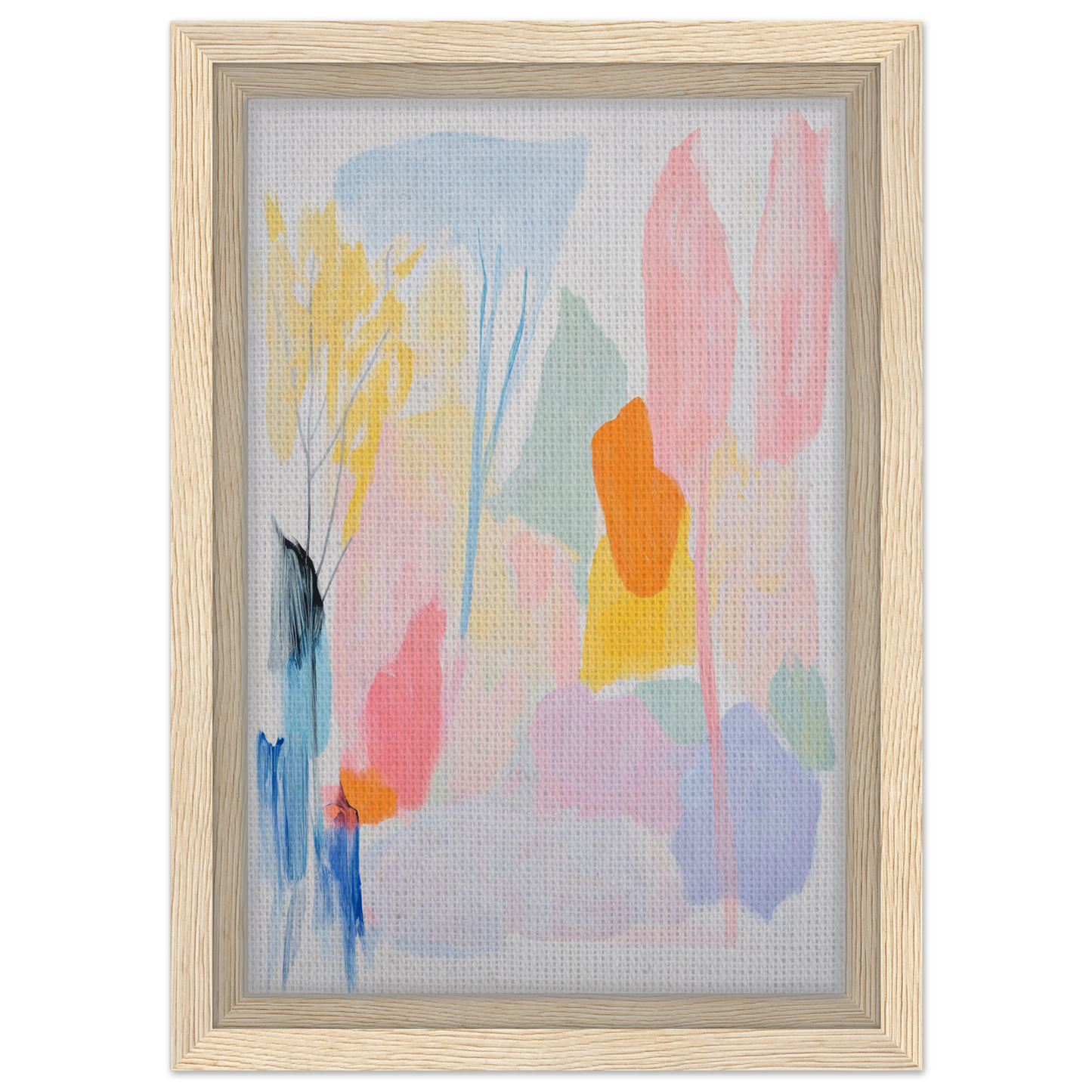 Abstract painting with soft pastel colors in a light wooden frame for tranquility framed canvas