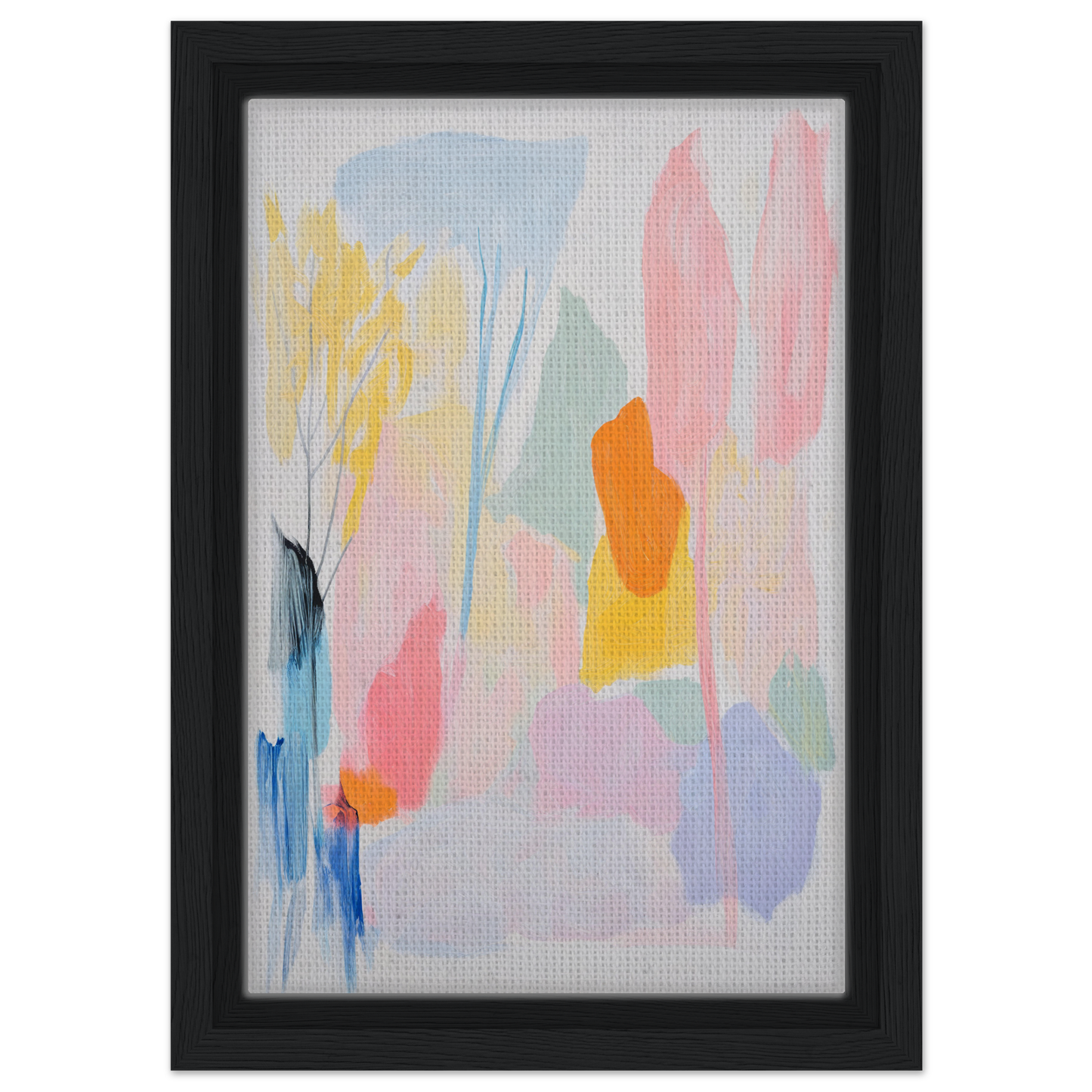 Abstract painting in soft pastels, framed in black, ideal for tranquility room decor