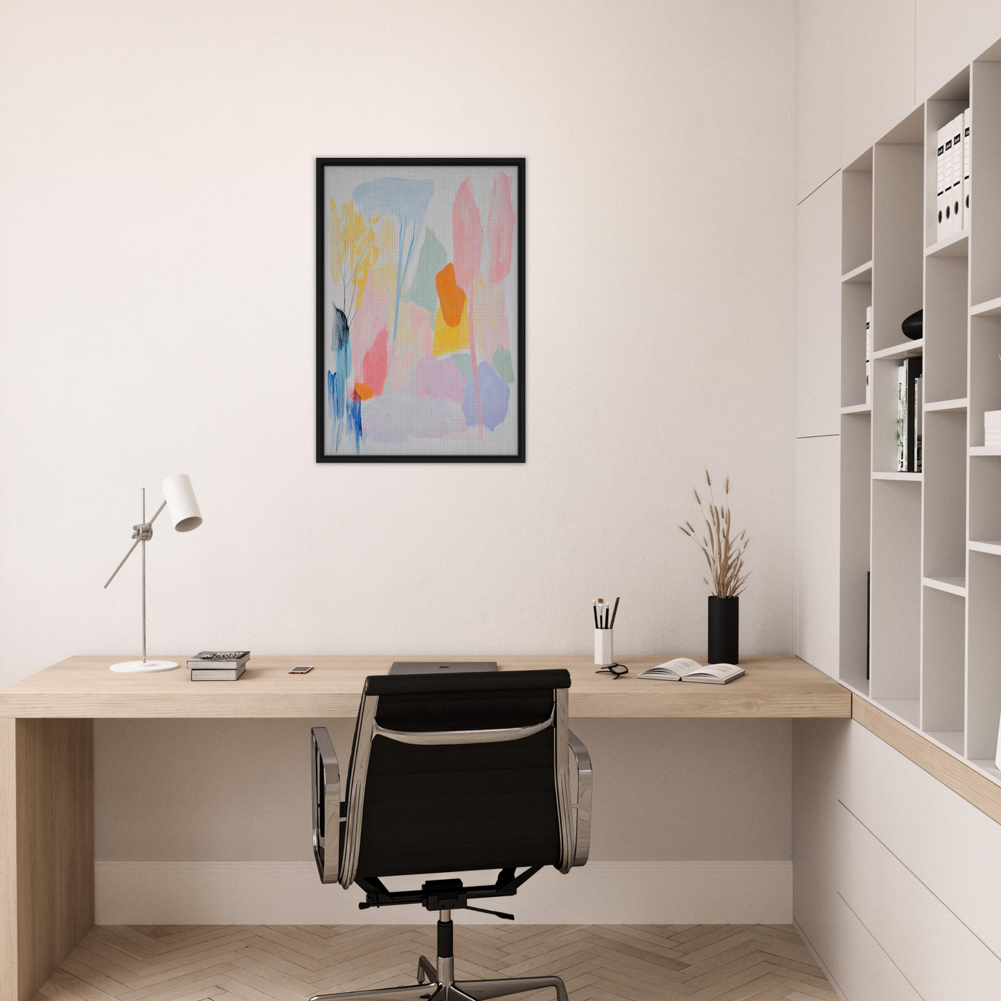 Minimalist home office featuring a wooden desk and tranquility framed canvas artwork