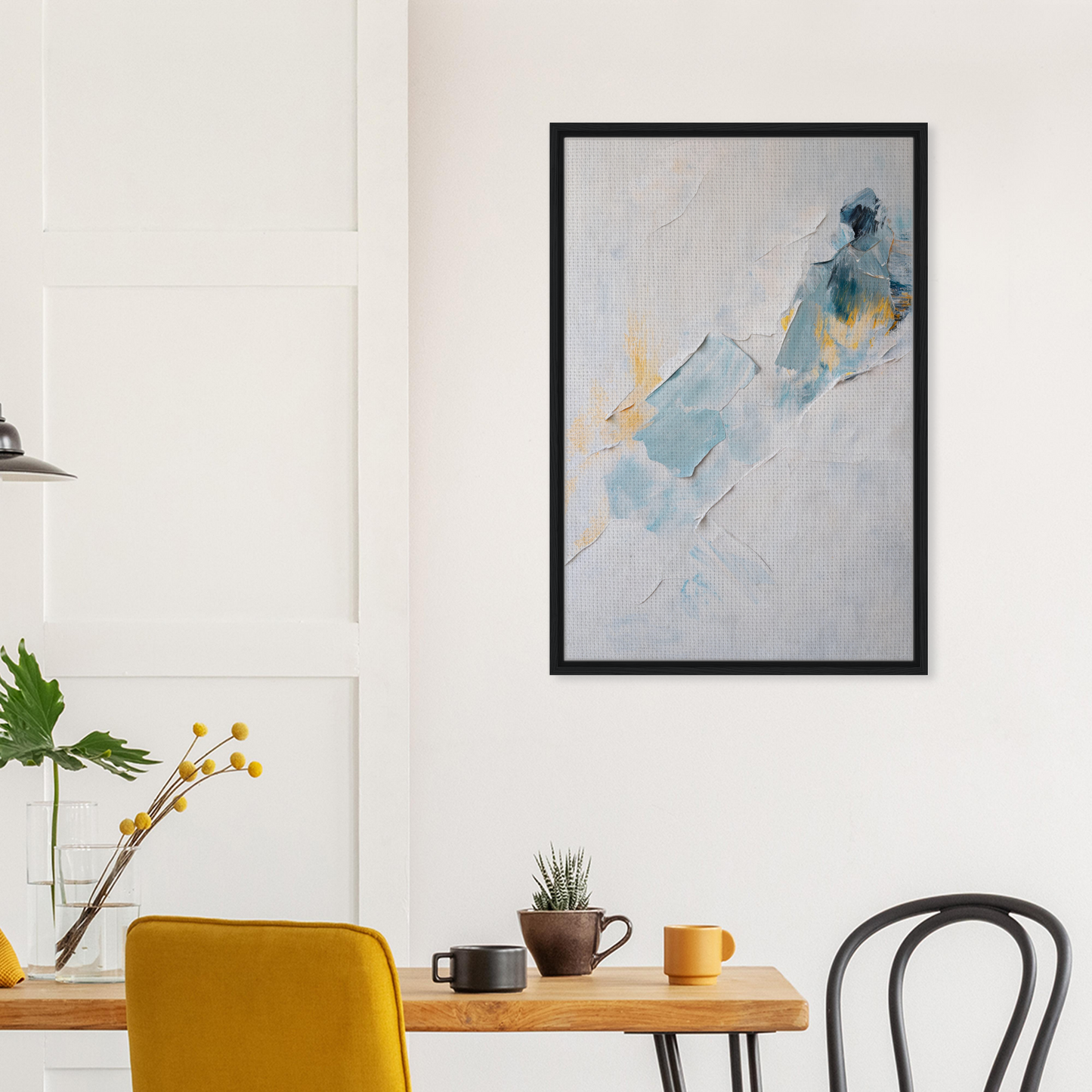 Abstract watercolor painting in soft blue and yellow tones, framed canvas print Serene Color Medley
