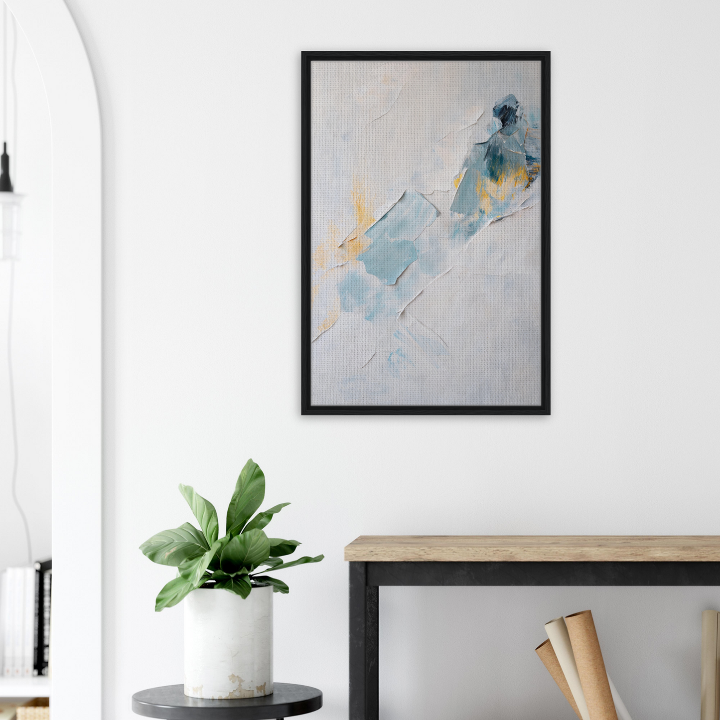 Abstract painting in soft blue, gray, and yellow for a serene color medley wall decor