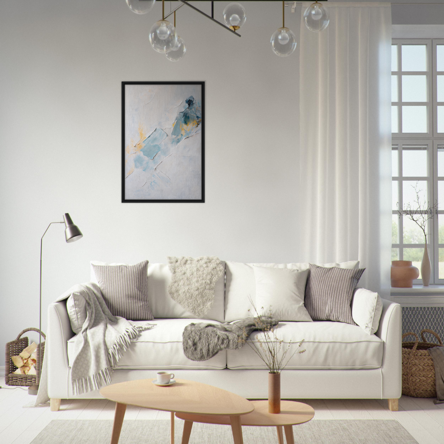 White sofa with throw pillows and blankets in Serene Color Medley room decor
