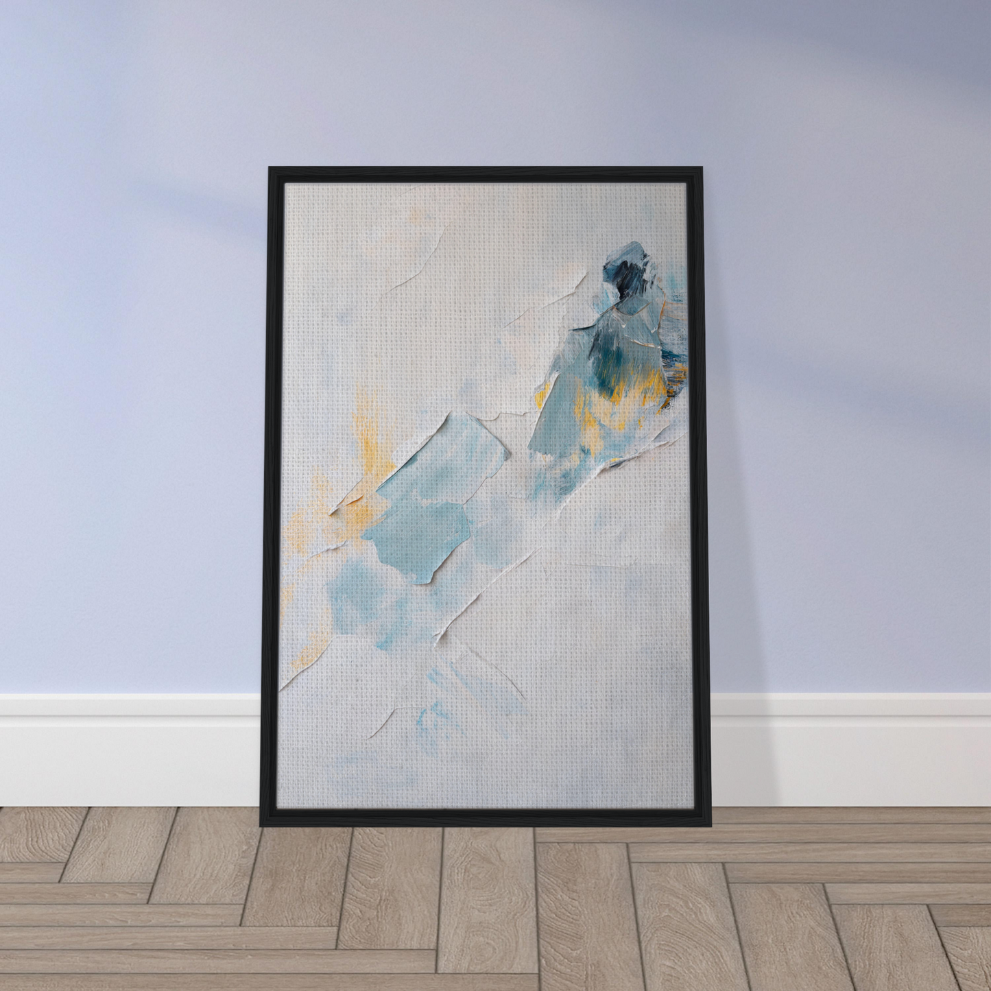 Framed abstract painting in soft pastels for serene color medley room decor