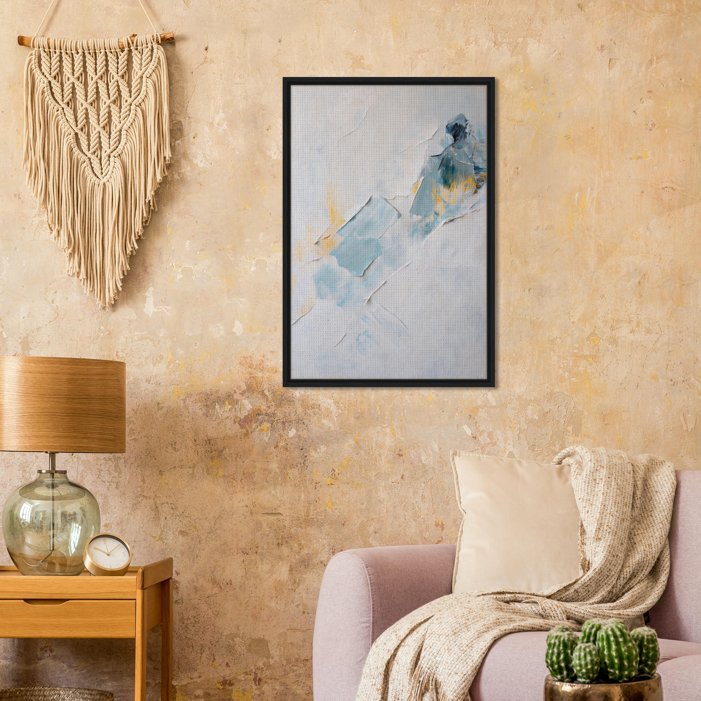 Framed abstract watercolor painting in soft blue and yellow tones for Serene Color Medley