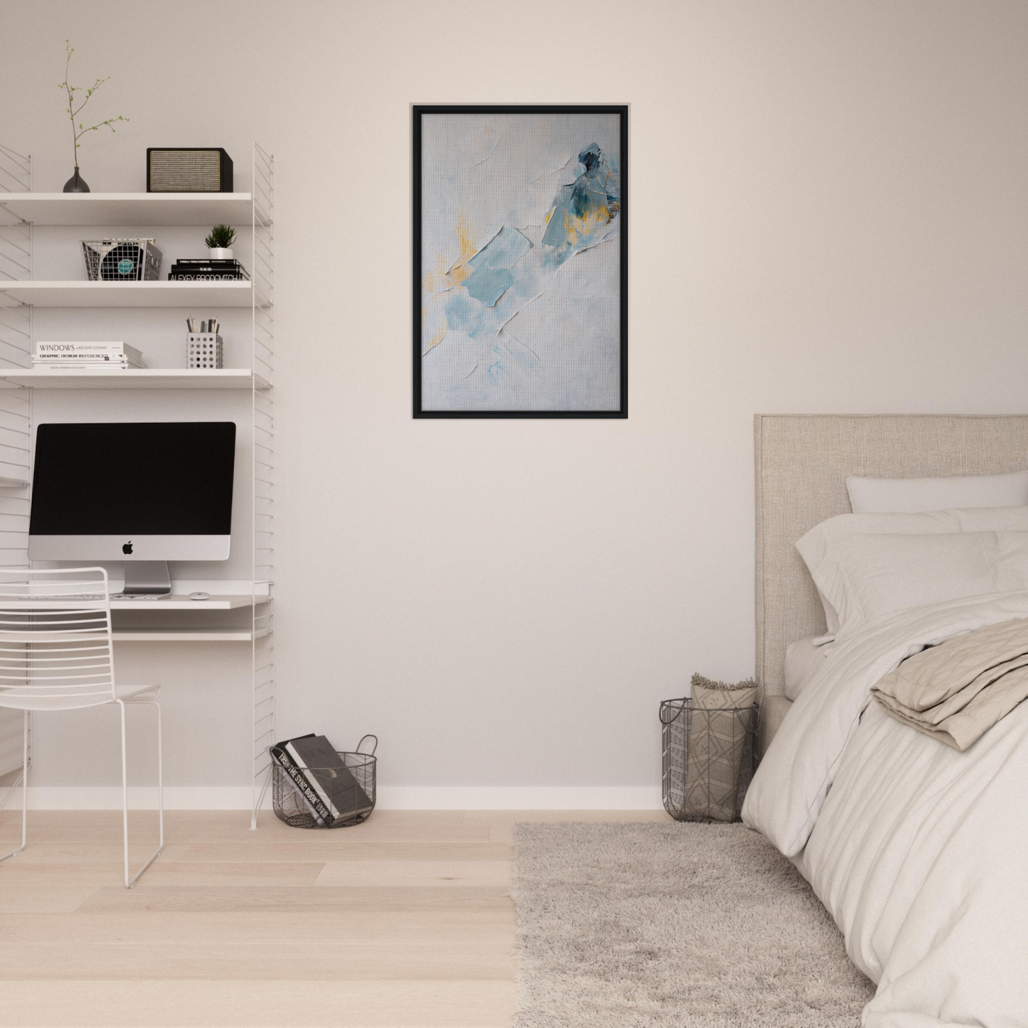 Minimalist bedroom featuring a serene color medley with framed canvas wall art