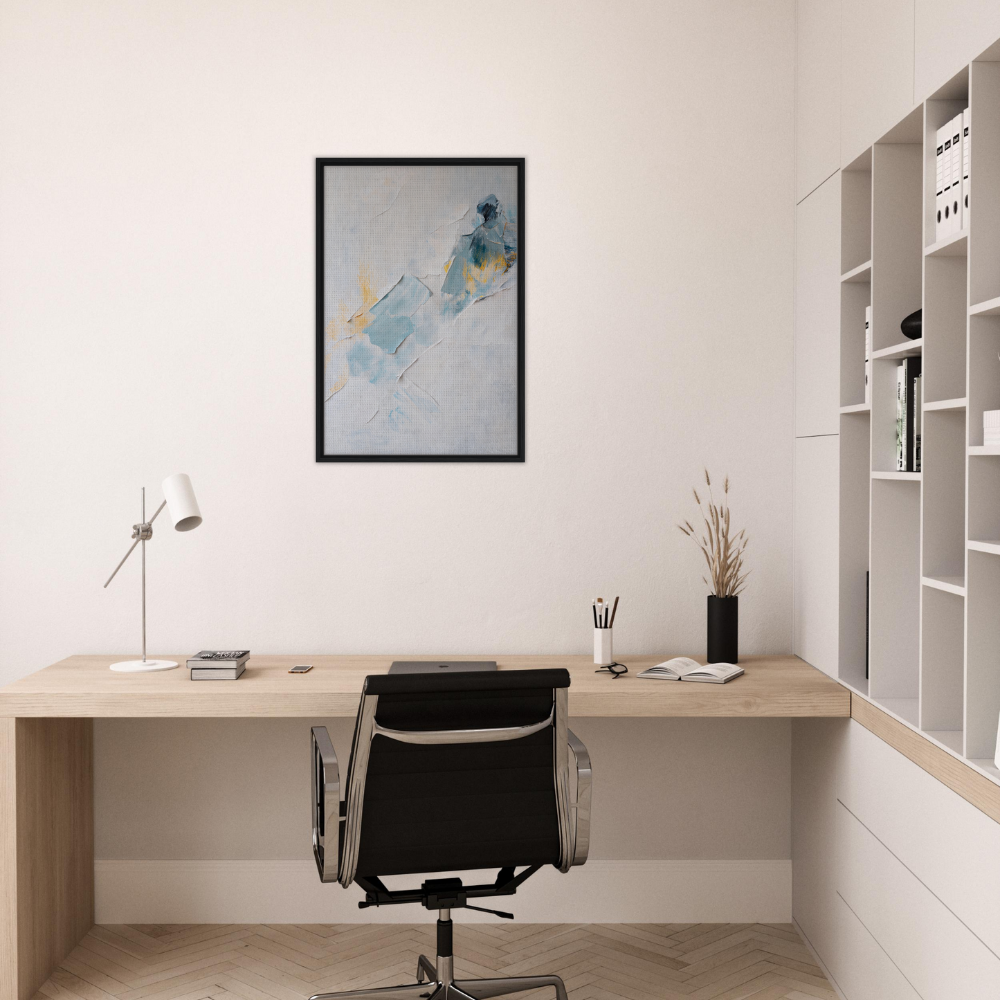 Minimalist home office featuring a wooden desk, black chair, and Serene Color Medley wall decor