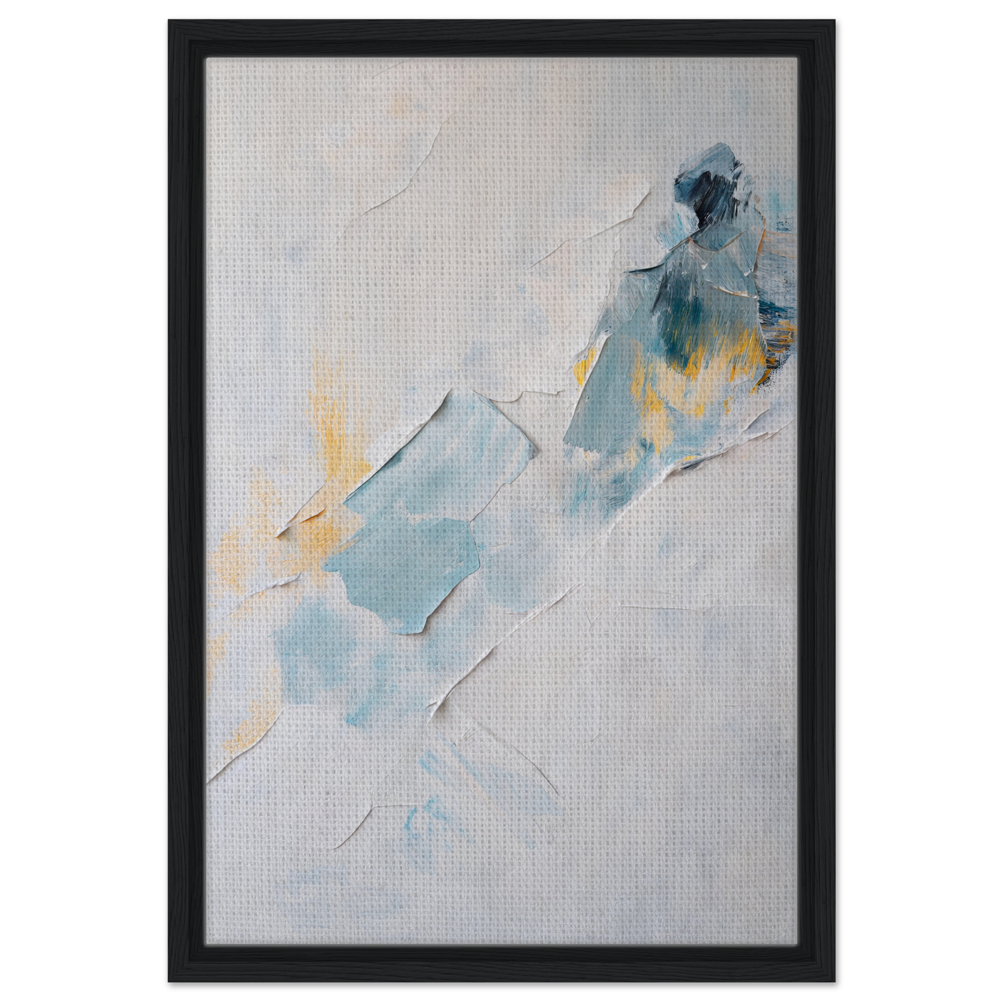 Abstract painting featuring soft blue, yellow, and gray brushstrokes for serene color medley