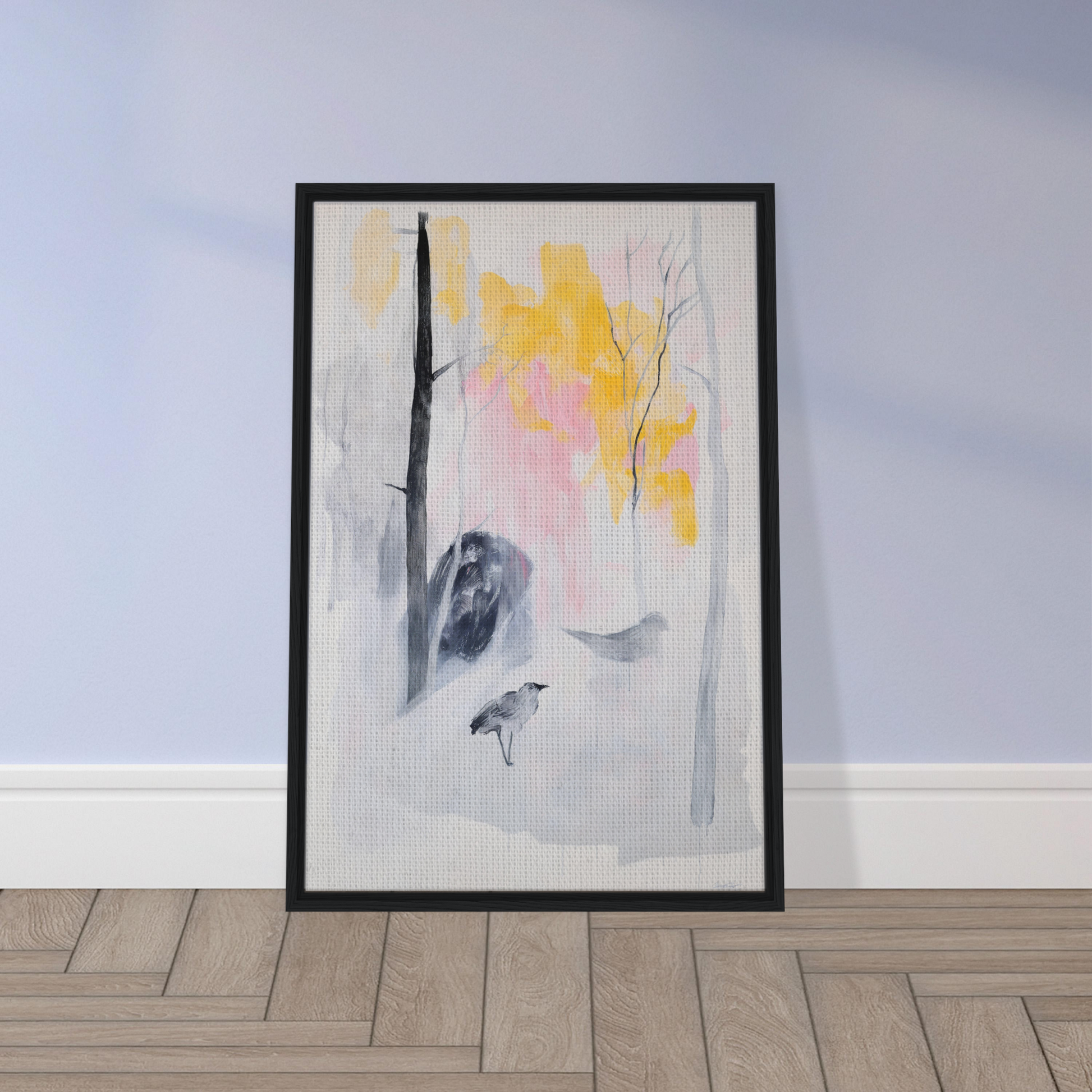 Framed canvas print of Serene Dream Forest showcasing soft watercolor shapes and a bird