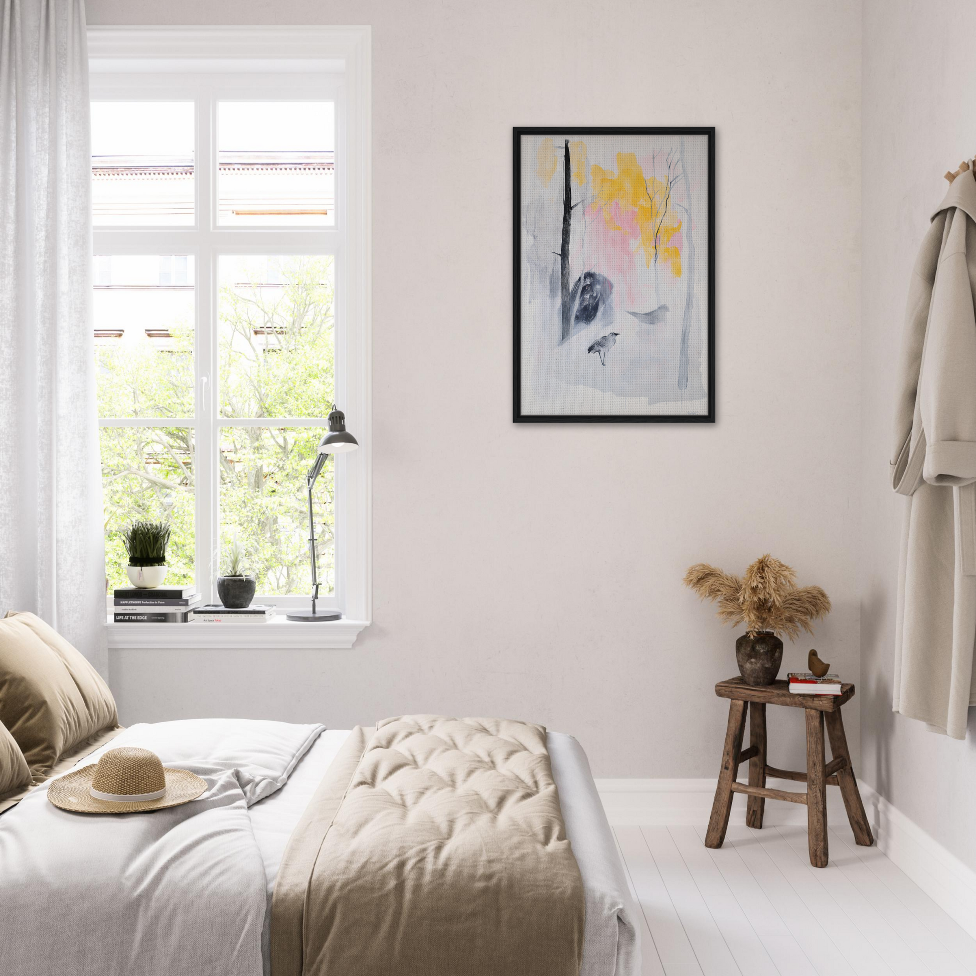 Bright, airy bedroom showcasing Serene Dream Forest room decor with natural light