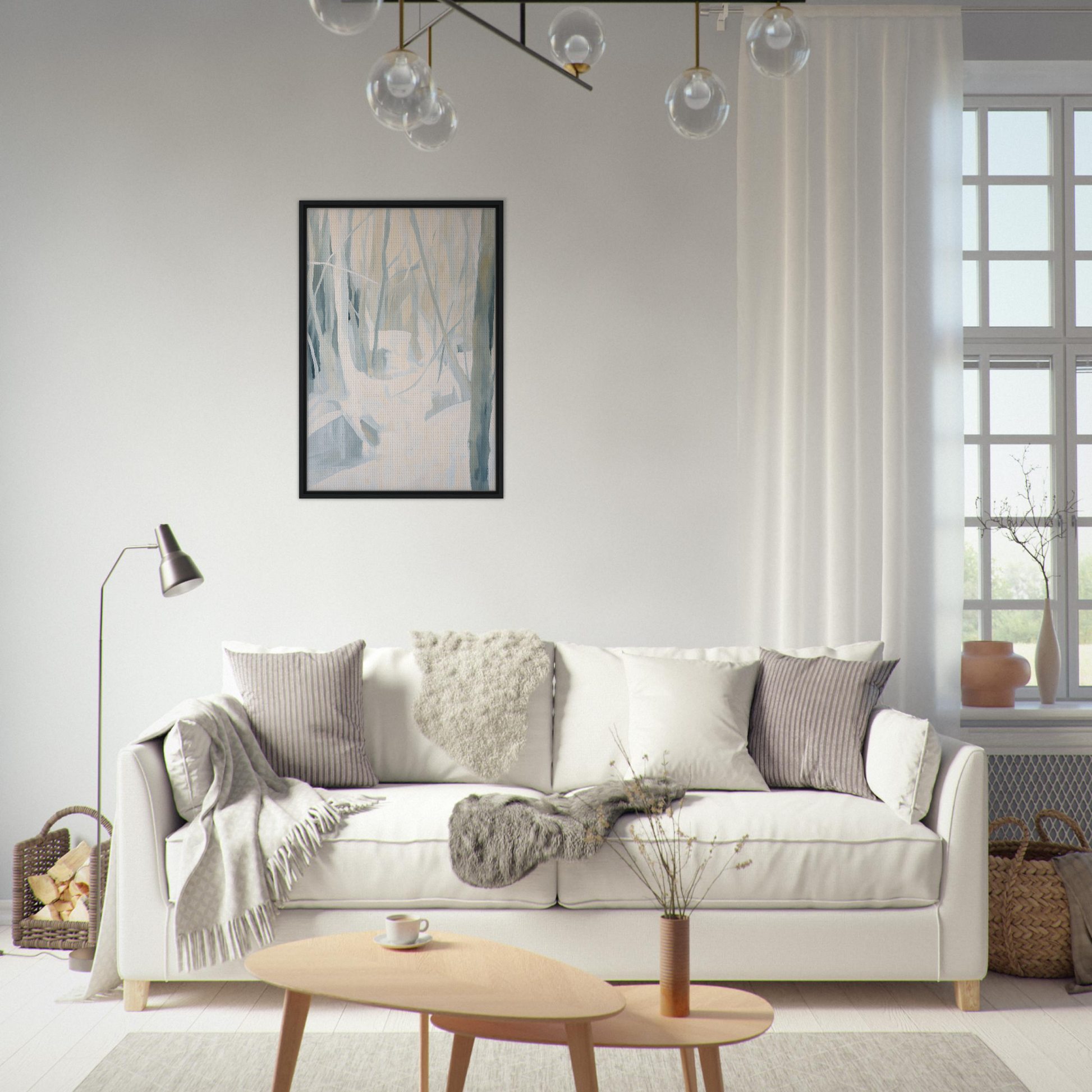 White sofa adorned with throw pillows and blankets from Serene Frost Symphony collection