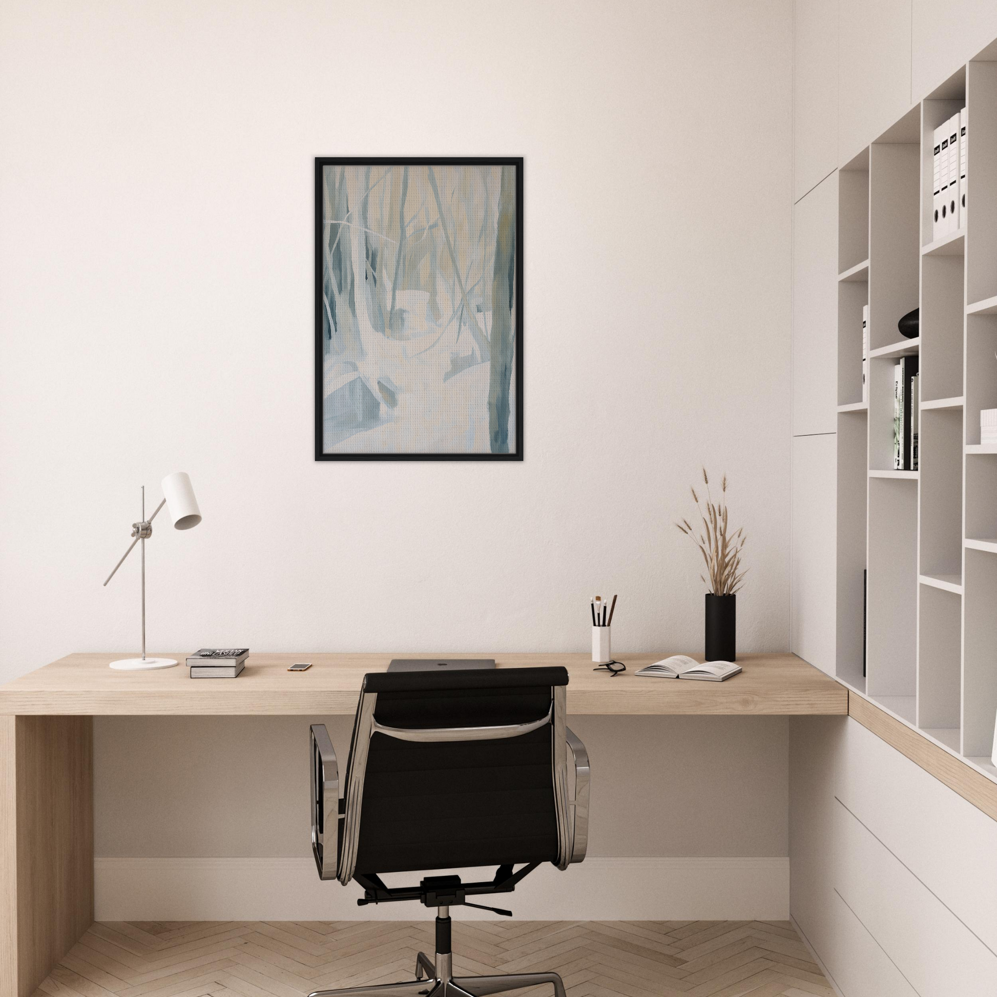 Minimalist wooden desk and black chair in Serene Frost Symphony home office decor