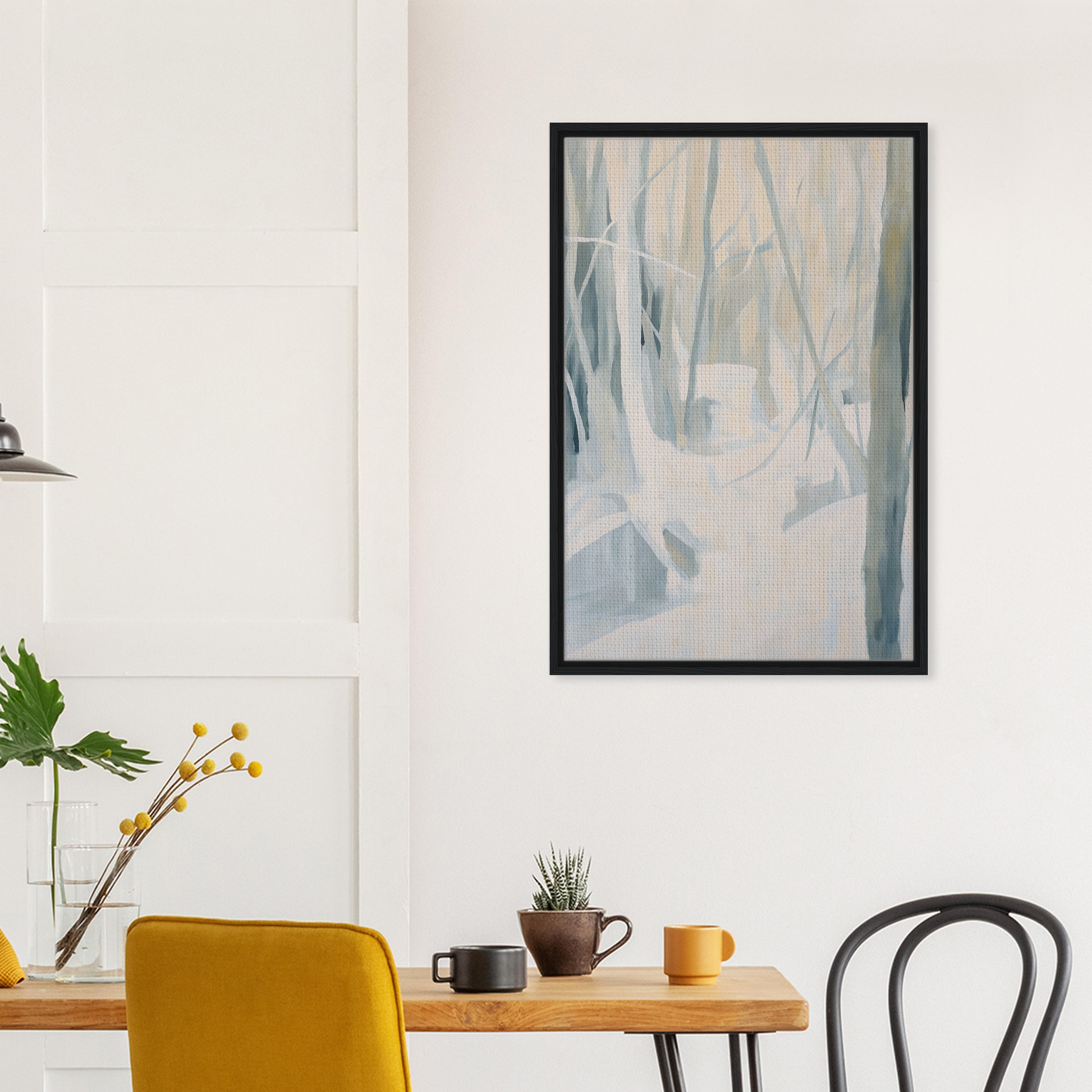 Abstract painting in muted blue and gray, framed, perfect for Serene Frost Symphony room decor