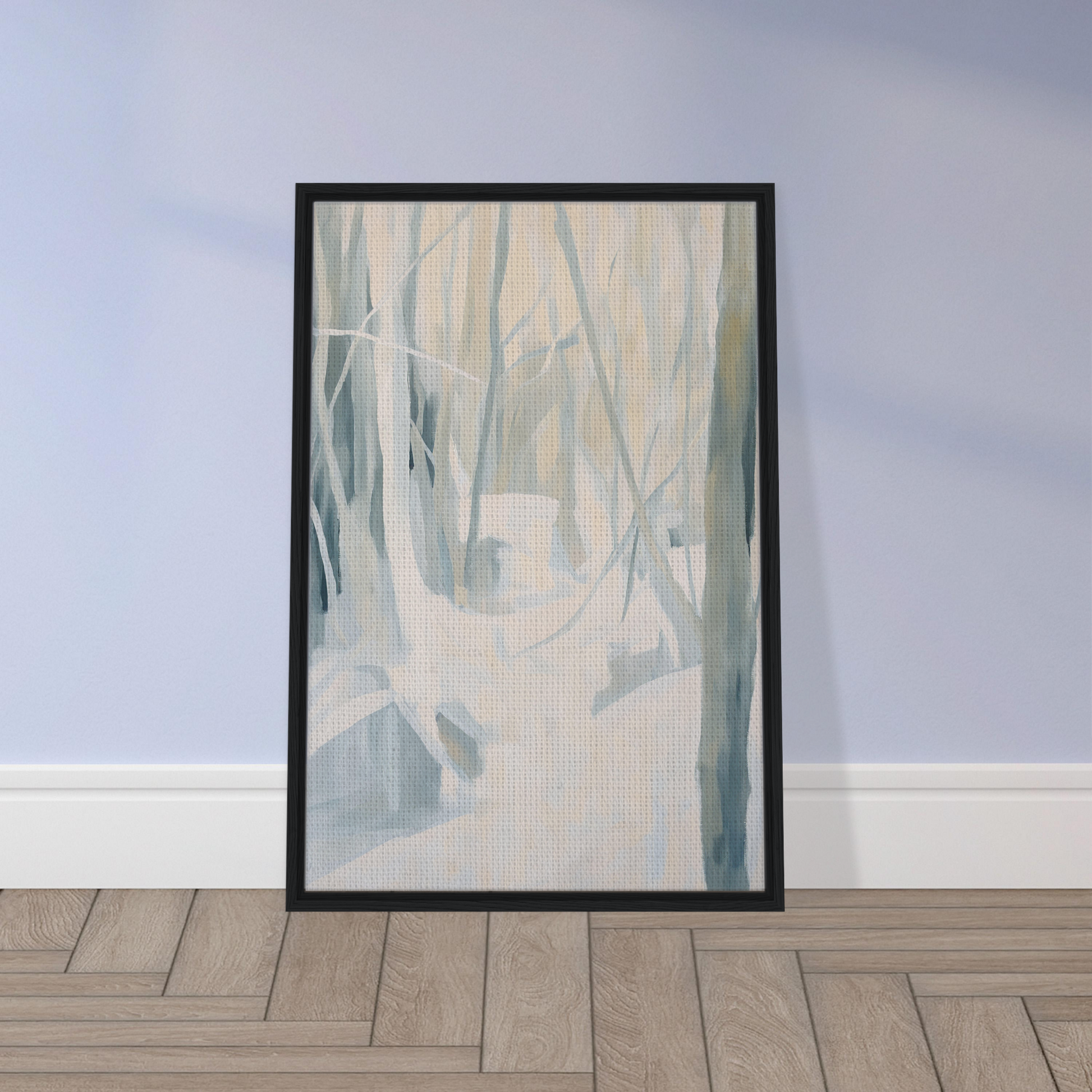 Framed Canvas Print depicting Serene Frost Symphony with pale vertical brushstrokes