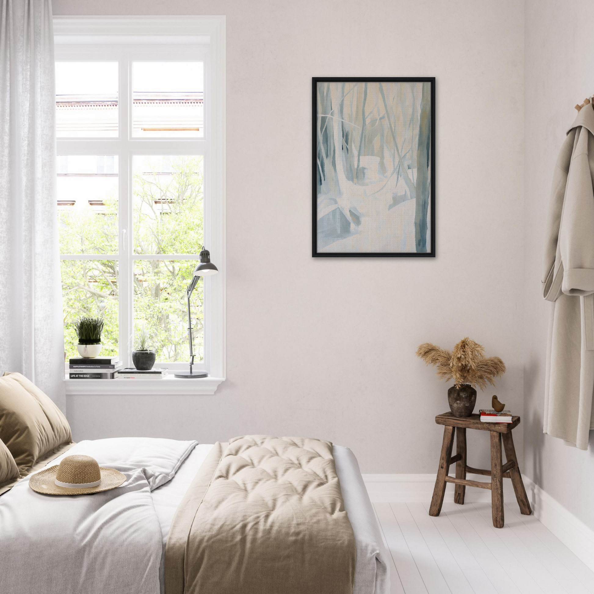 Serene Frost Symphony showcases a bright, airy bedroom with minimalist room decor