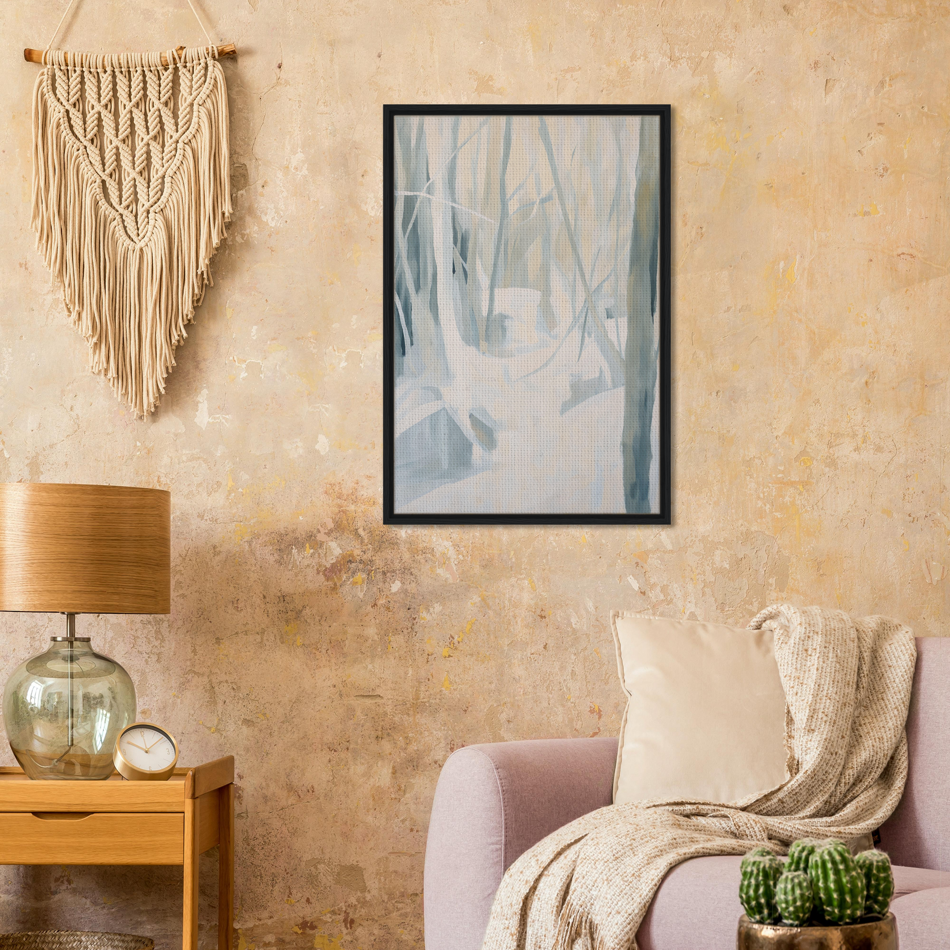 Framed abstract painting of a misty forest, perfect for Serene Frost Symphony room decor