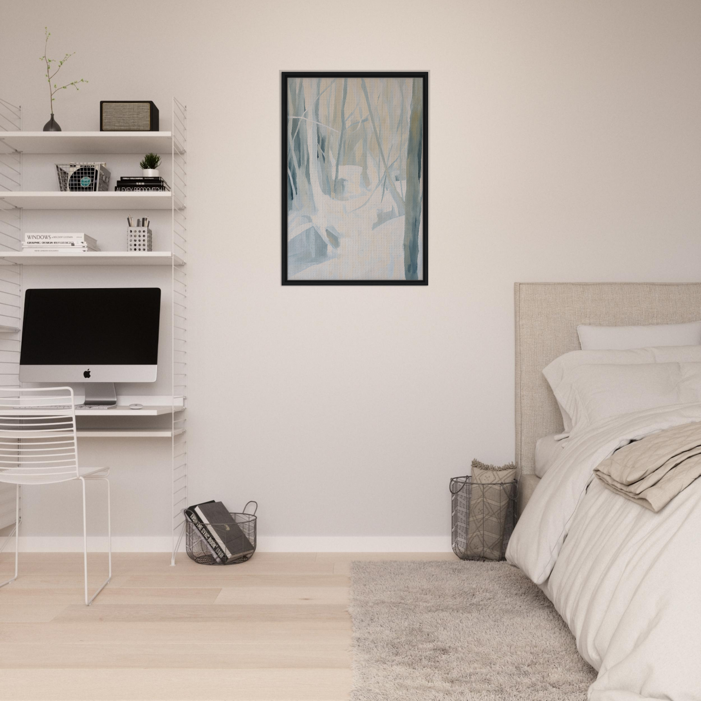 Minimalist bedroom with white walls and serene Frost Symphony decor elements