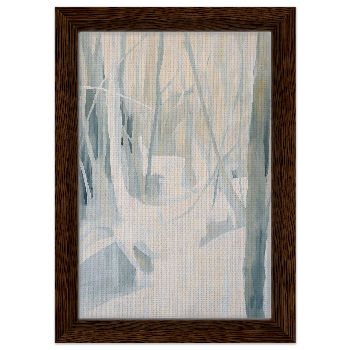 Abstract painting of misty forest trees in muted colors for Serene Frost Symphony room decor