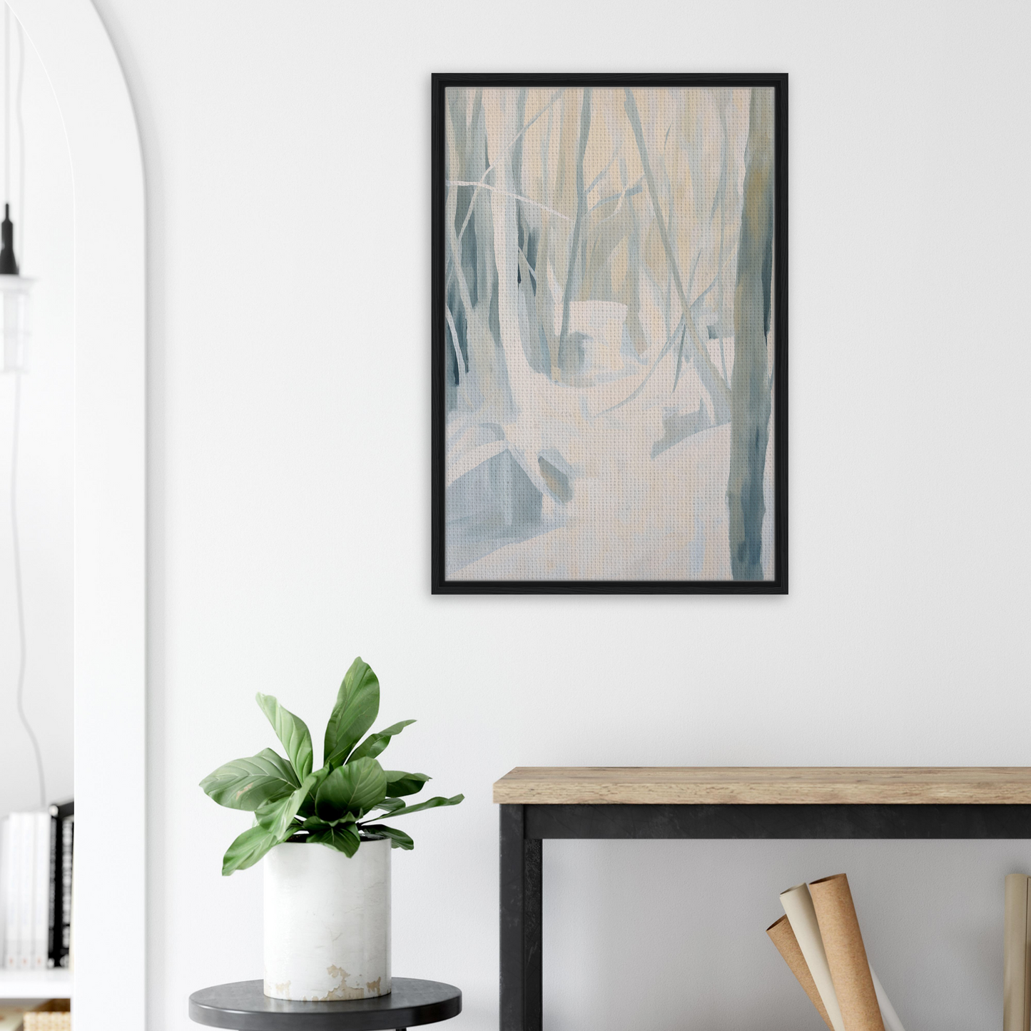 Abstract framed canvas print featuring muted blue and beige tones in Serene Frost Symphony