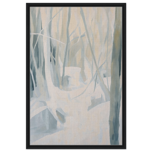Abstract painting with gray and white brushstrokes in Serene Frost Symphony framed canvas print