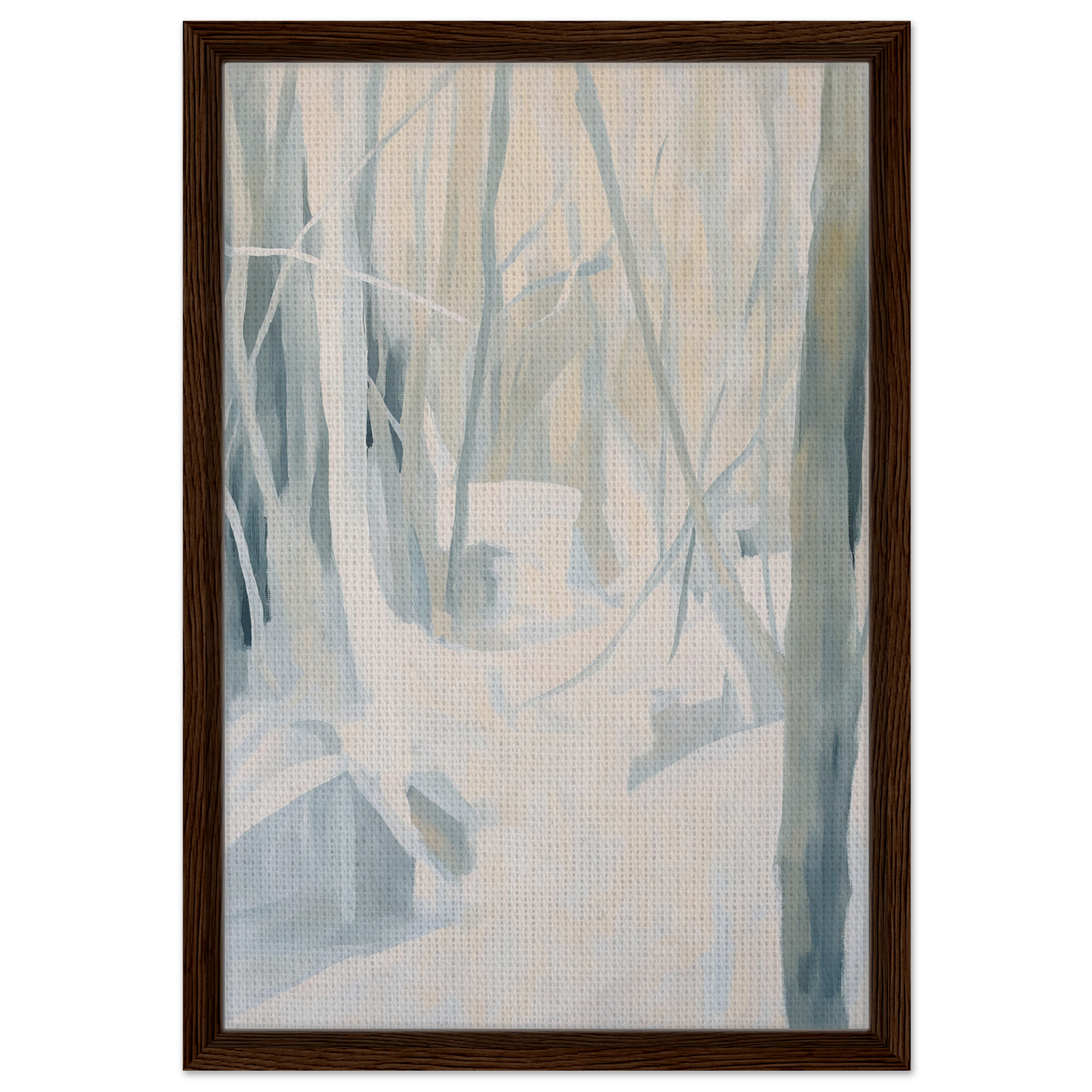 Abstract painting of pale misty forest trees in muted colors, Serene Frost Symphony framed canvas print